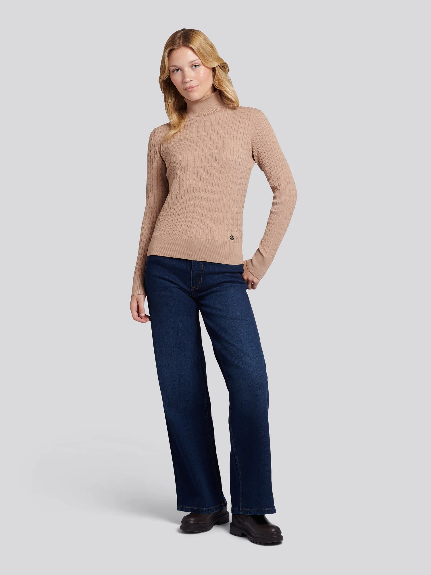 Womens Fine Cable Roll Neck Jumper in Natural - Image 3