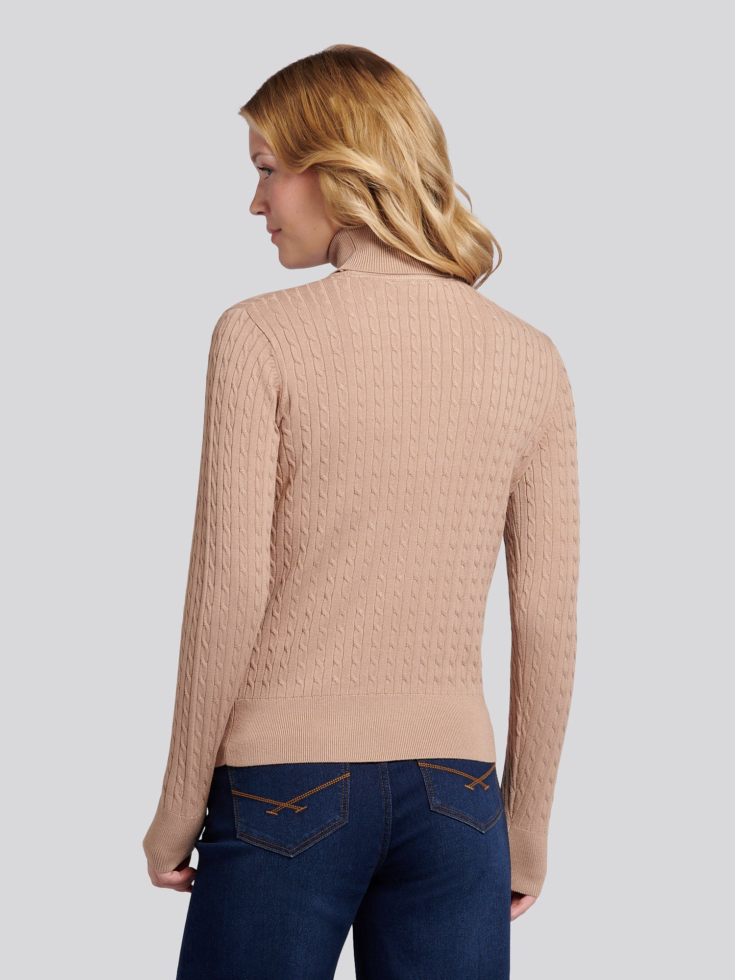 Womens Fine Cable Roll Neck Jumper in Natural - Image 4