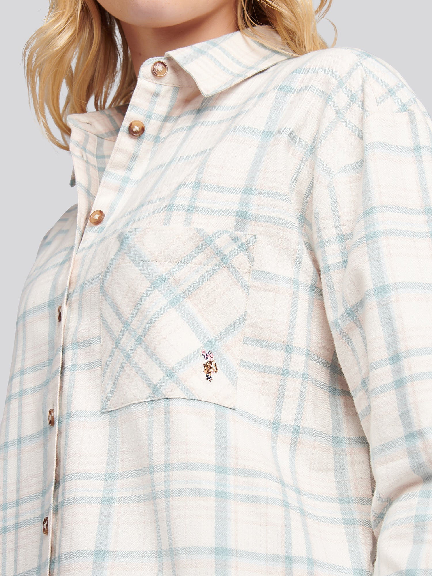 Womens Herringbone Check Pocketed Shirt in Natural - Image 2
