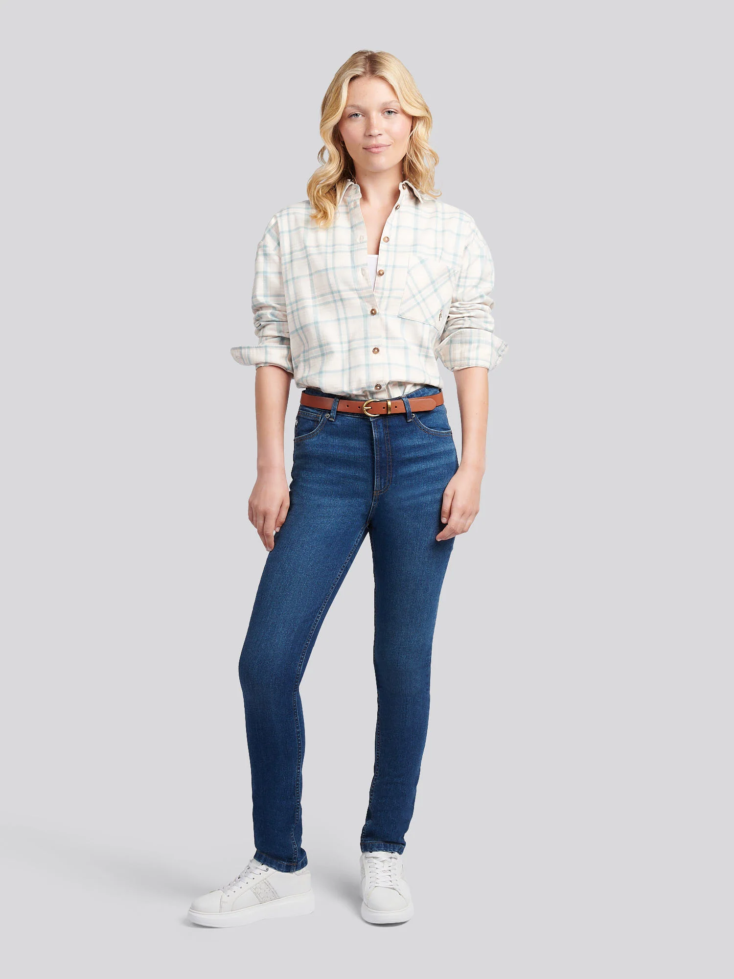 Womens Herringbone Check Pocketed Shirt in Natural - Image 3