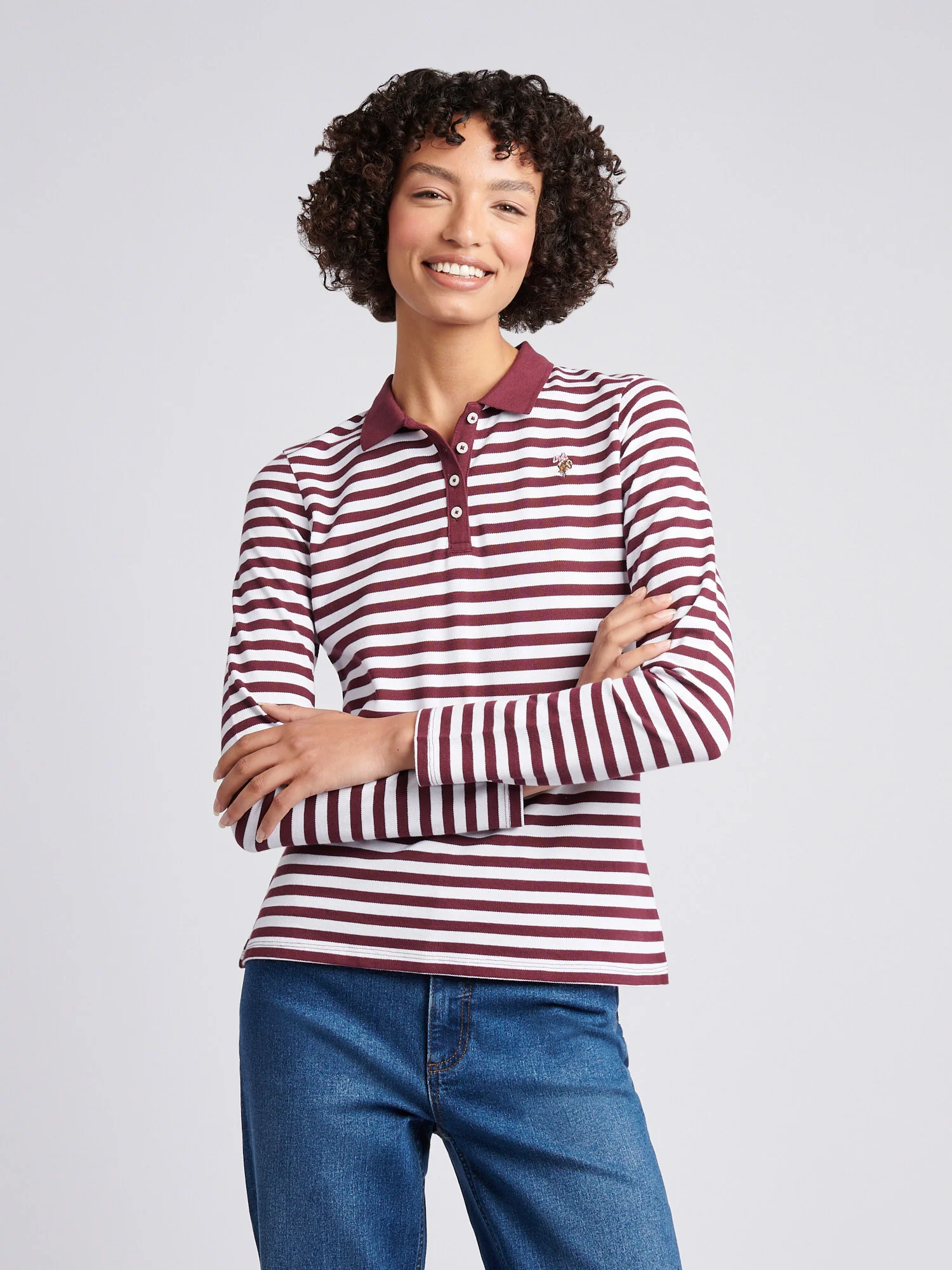 Womens Long Sleeve Stripe Contrast Collar Polo Shirt in Fig
