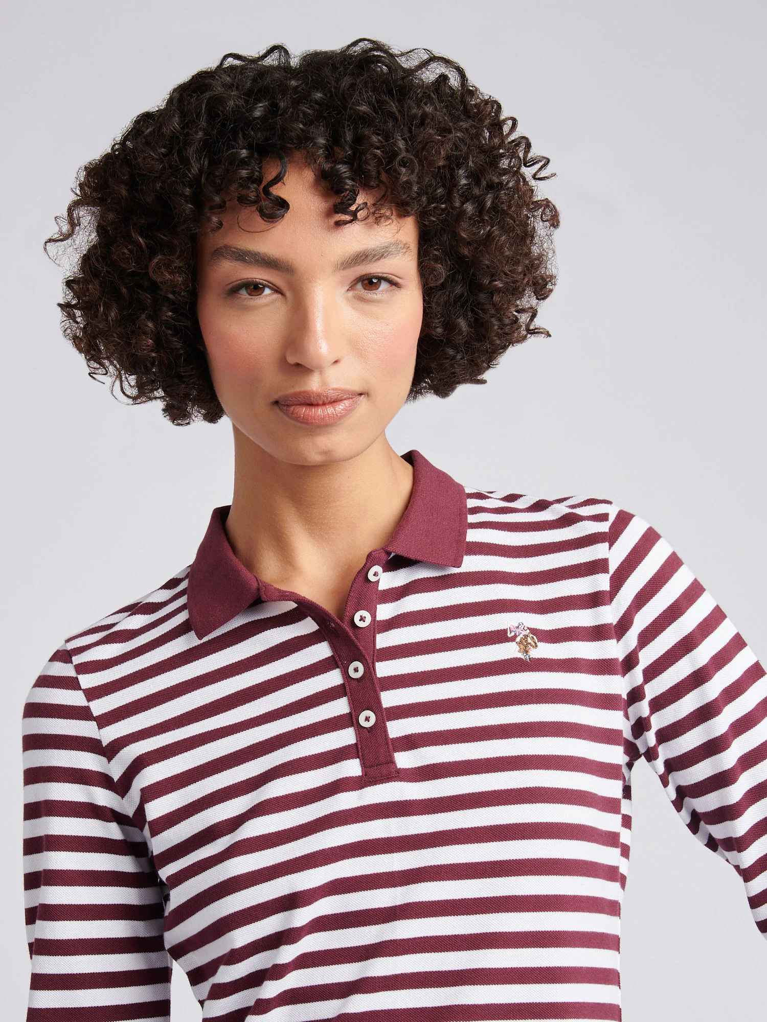 Womens Long Sleeve Stripe Contrast Collar Polo Shirt in Fig - Image 2