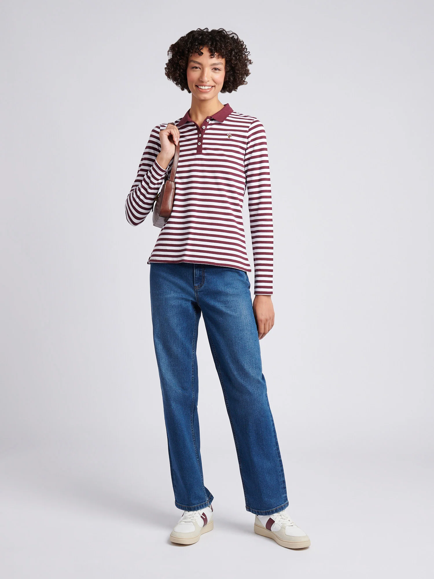 Womens Long Sleeve Stripe Contrast Collar Polo Shirt in Fig - Image 3