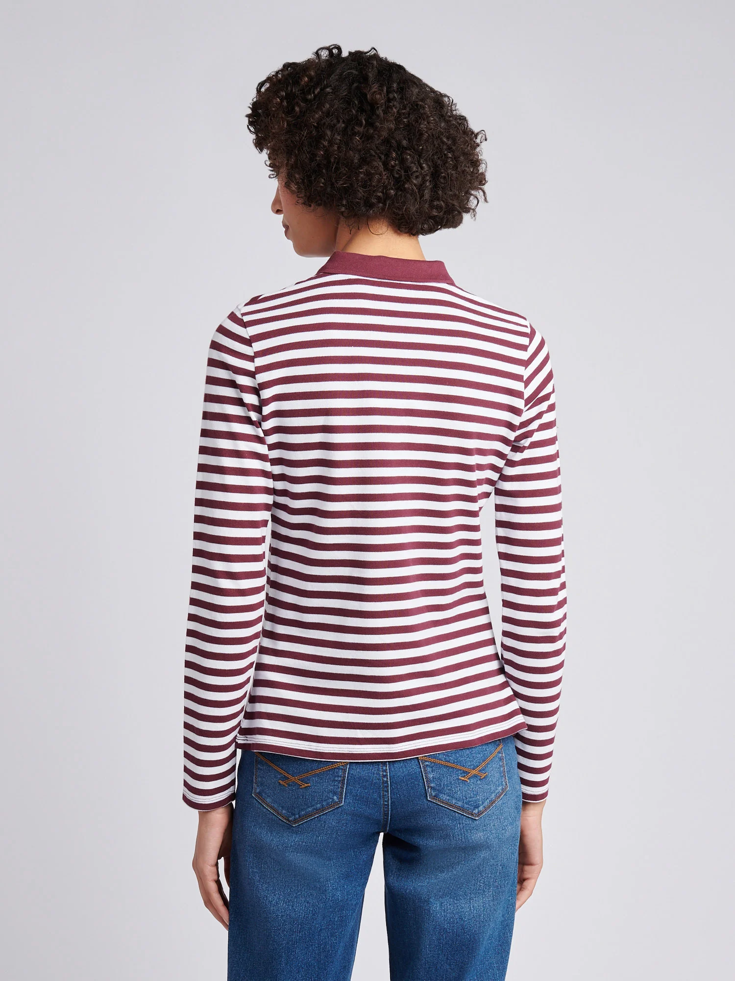 Womens Long Sleeve Stripe Contrast Collar Polo Shirt in Fig - Image 4