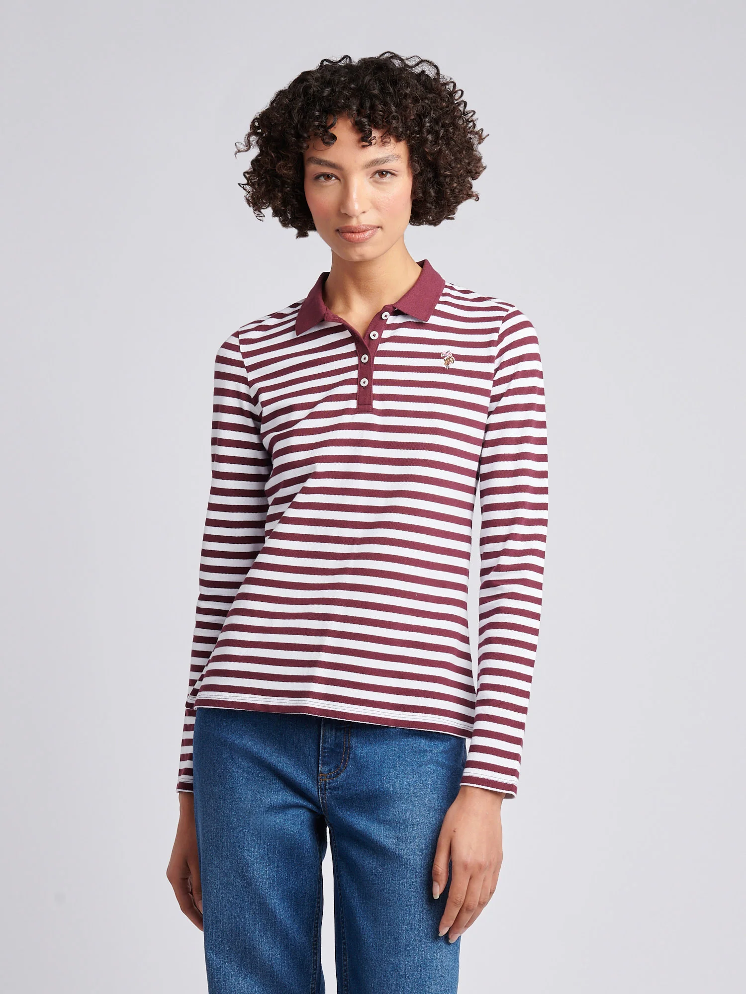Womens Long Sleeve Stripe Contrast Collar Polo Shirt in Fig - Image 5