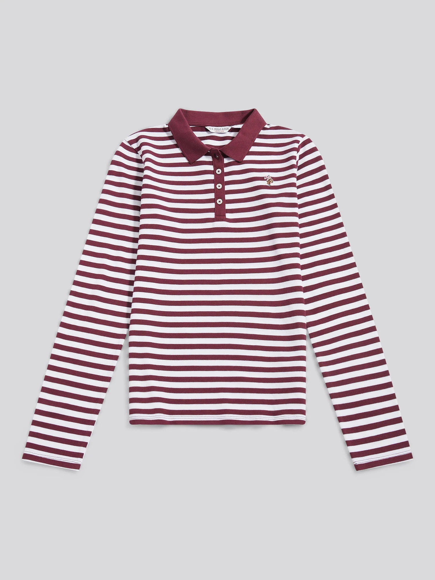 Womens Long Sleeve Stripe Contrast Collar Polo Shirt in Fig - Image 6