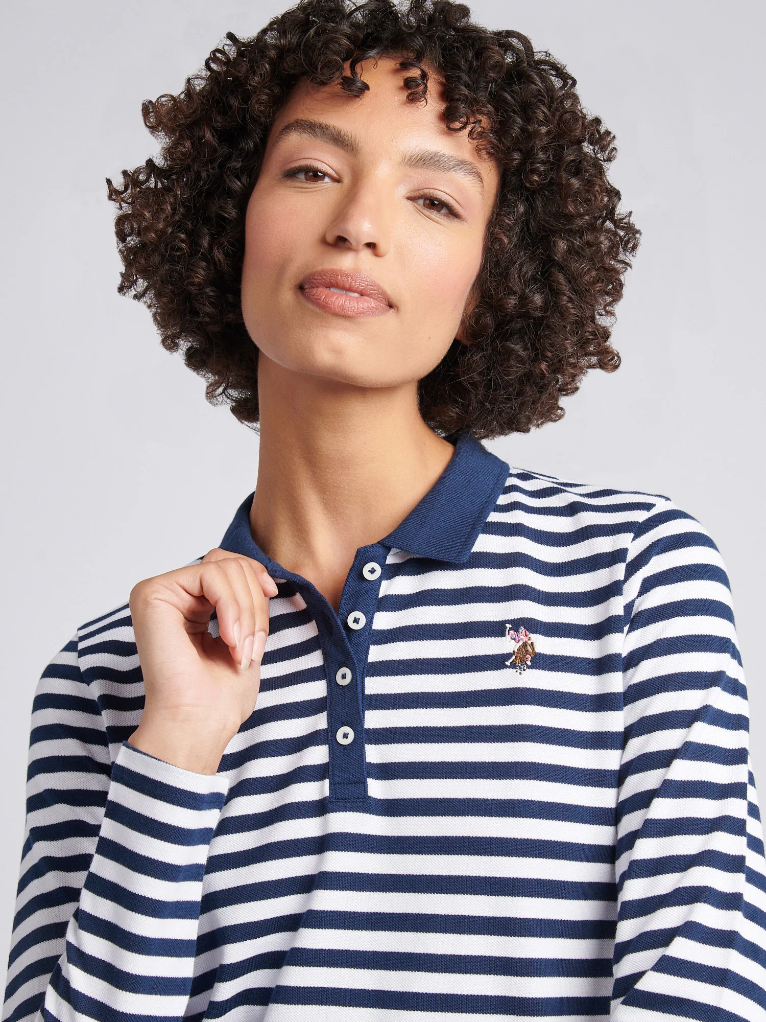 Womens Long Sleeve Stripe Contrast Collar Polo Shirt in Navy Iris - Image 2