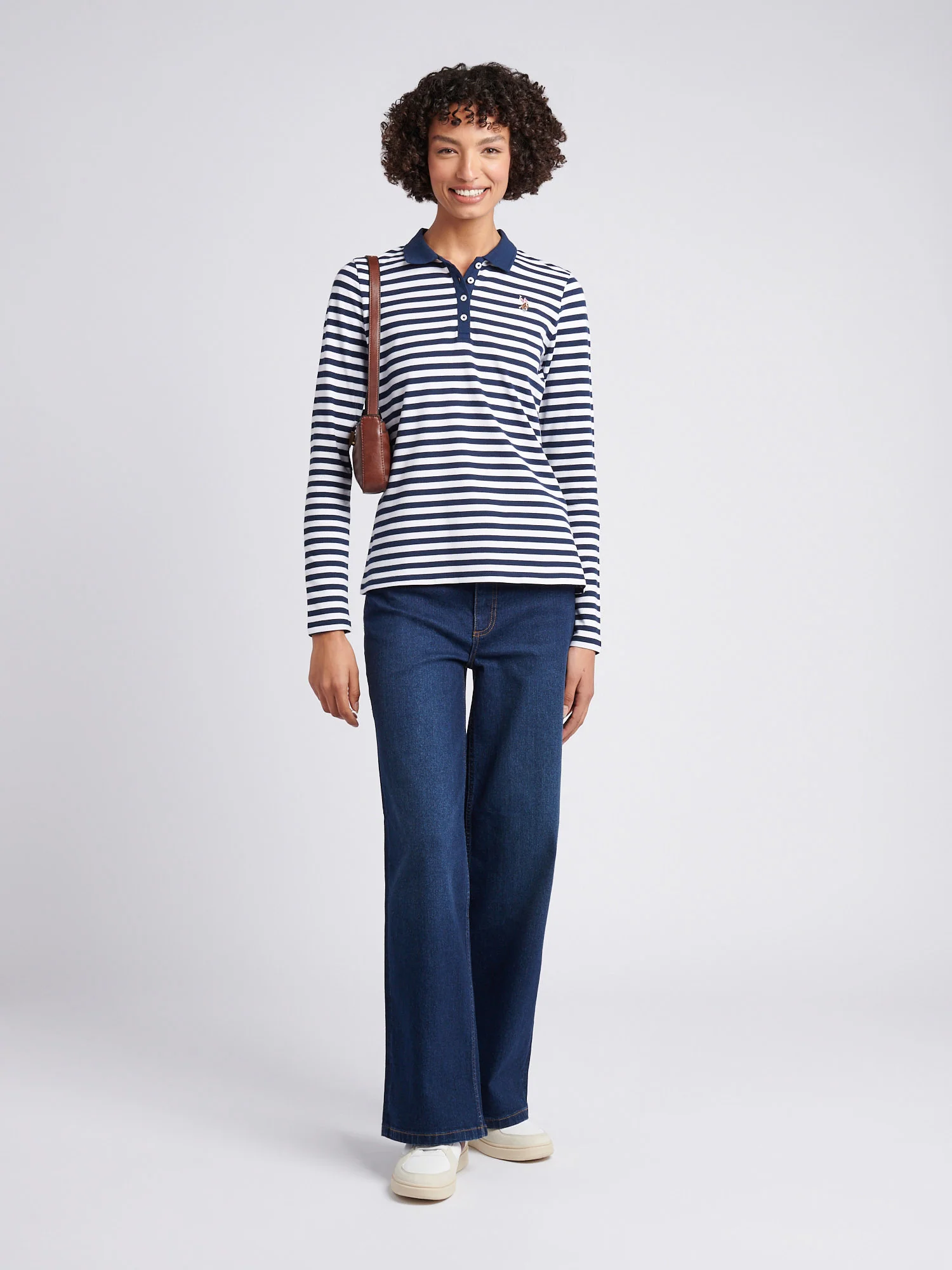 Womens Long Sleeve Stripe Contrast Collar Polo Shirt in Navy Iris - Image 3