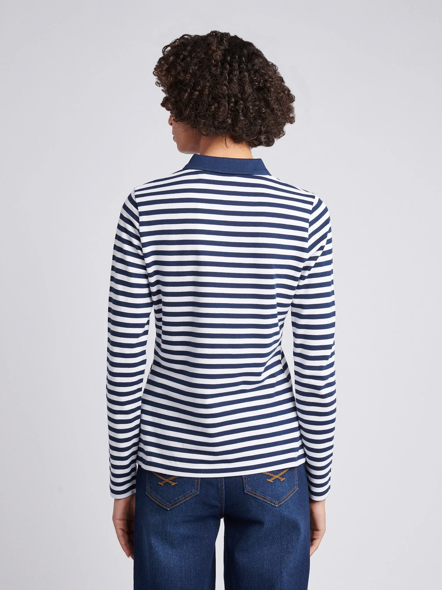 Womens Long Sleeve Stripe Contrast Collar Polo Shirt in Navy Iris - Image 4