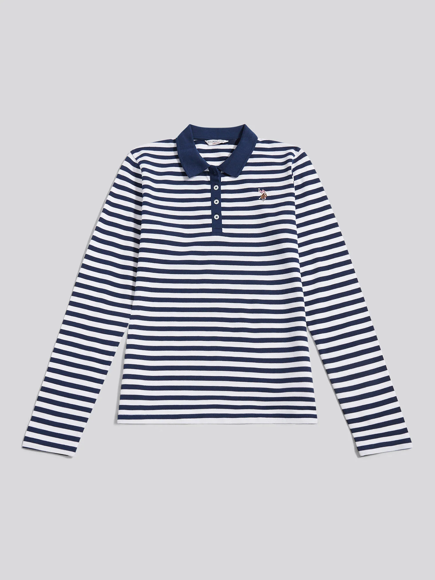 Womens Long Sleeve Stripe Contrast Collar Polo Shirt in Navy Iris - Image 5