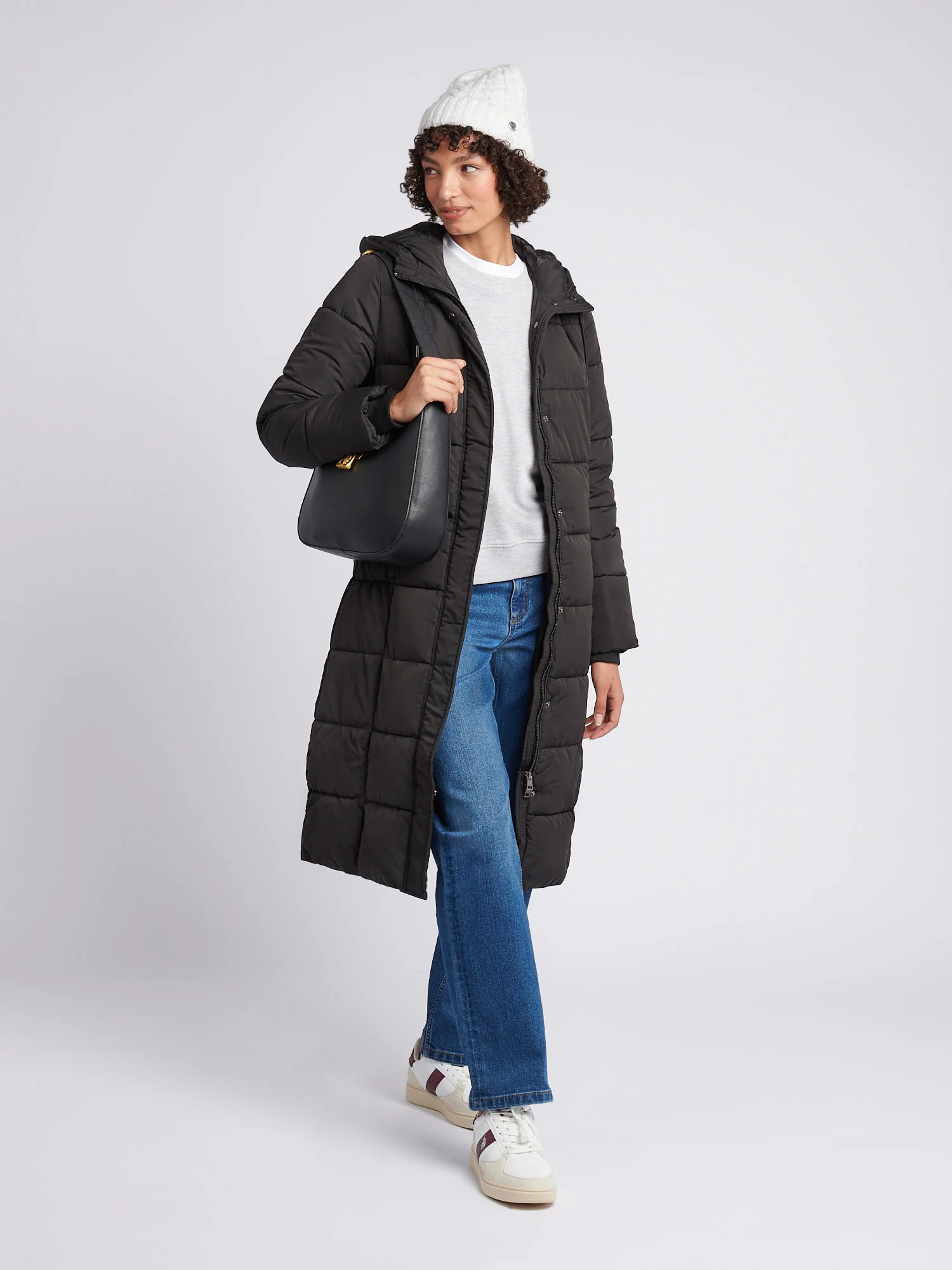 Womens Longline Square Quilt Puffer Coat in Black - Image 3