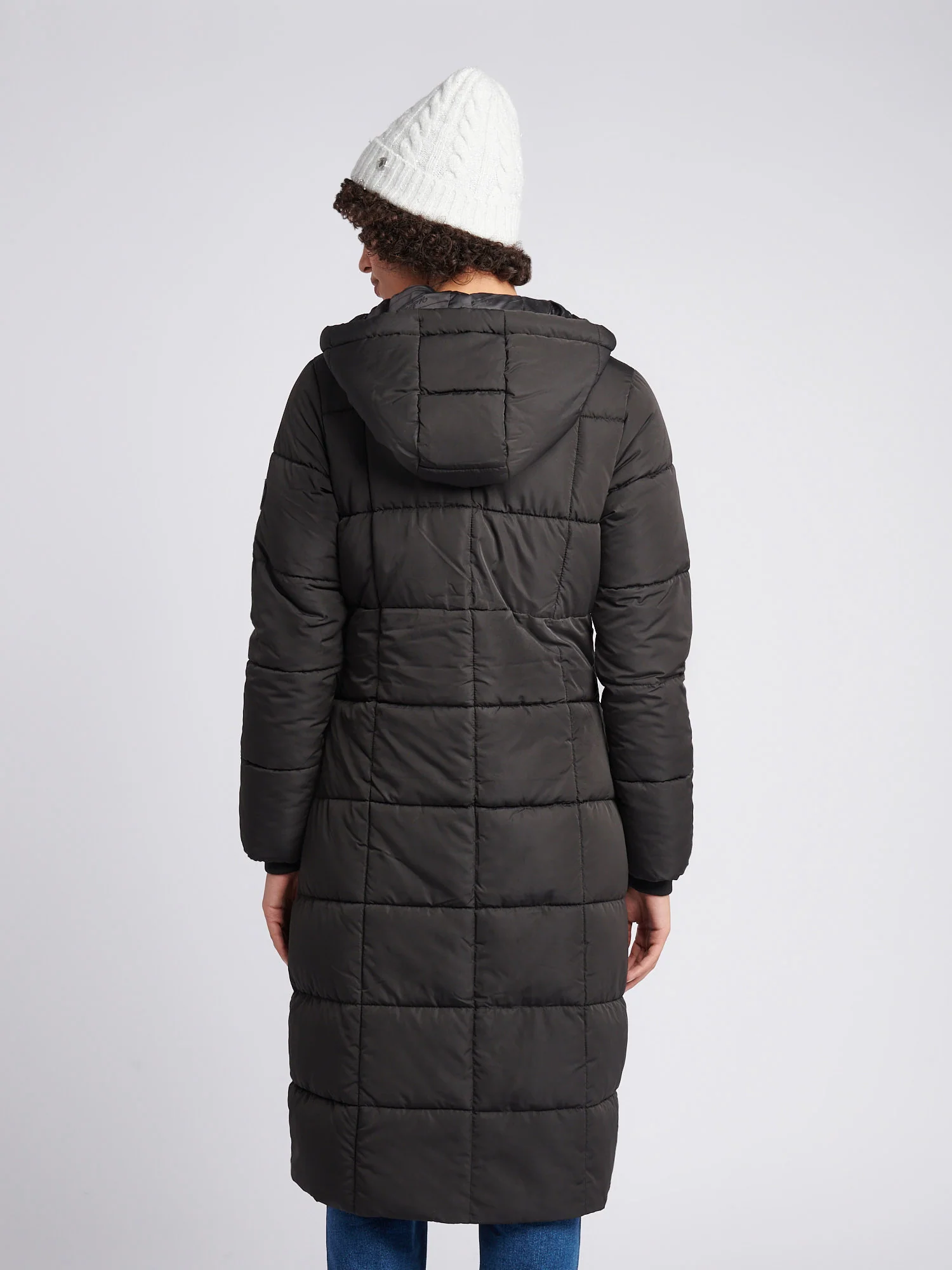 Womens Longline Square Quilt Puffer Coat in Black - Image 4