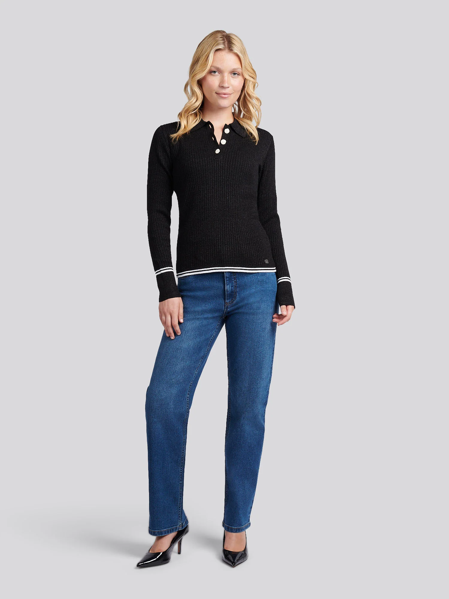 Womens Lurex® Rib Polo Knit in Black - Image 3
