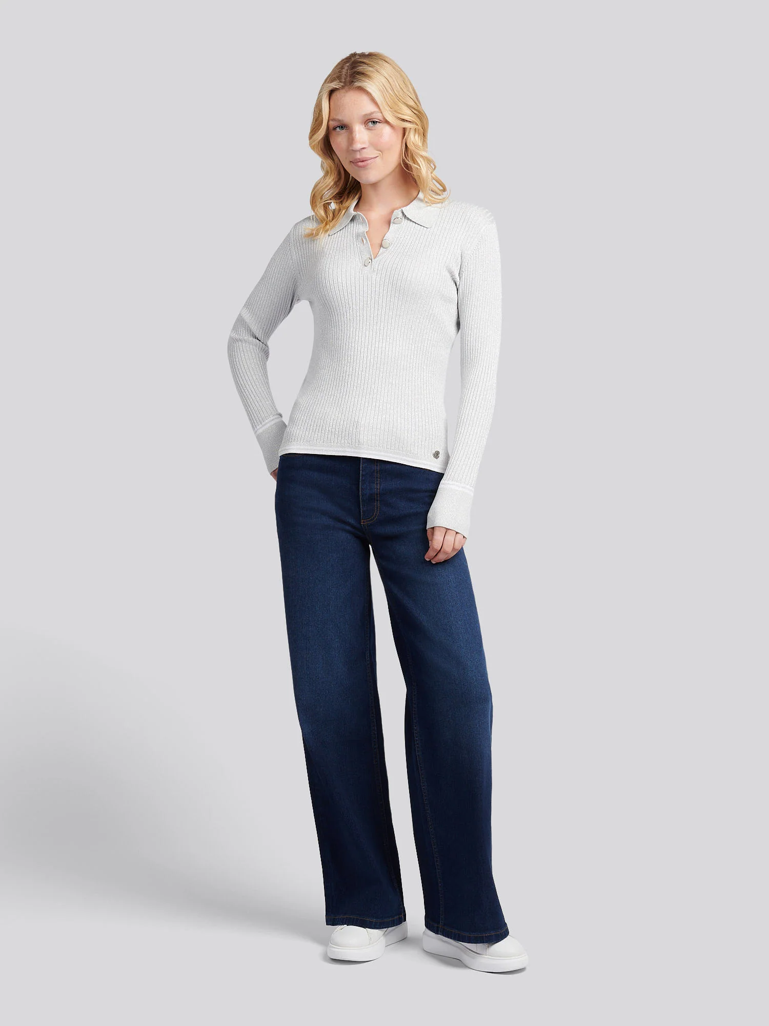 Womens Lurex® Rib Polo Knit in Pearl Grey Marl - Image 3