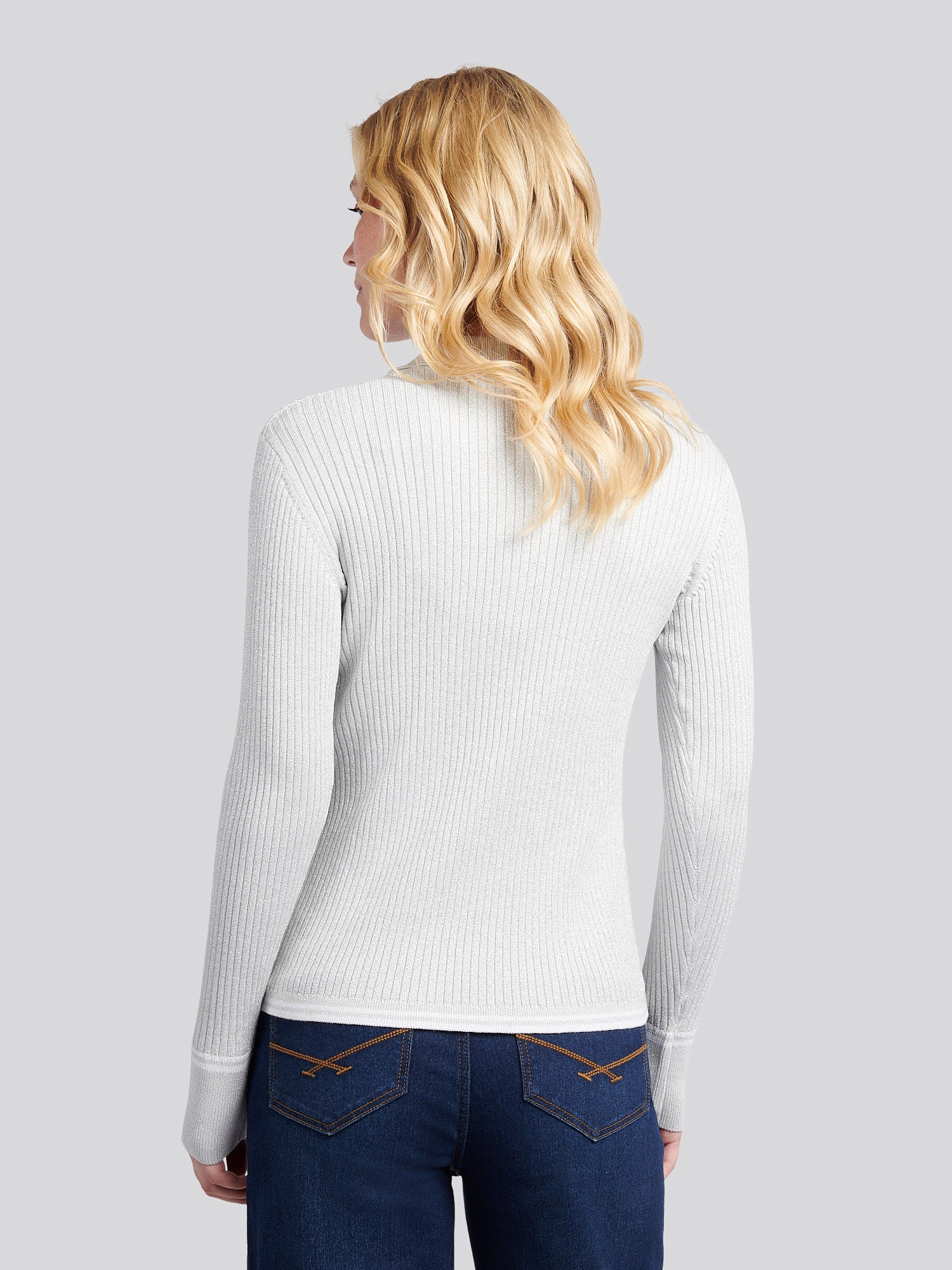 Womens Lurex® Rib Polo Knit in Pearl Grey Marl - Image 4