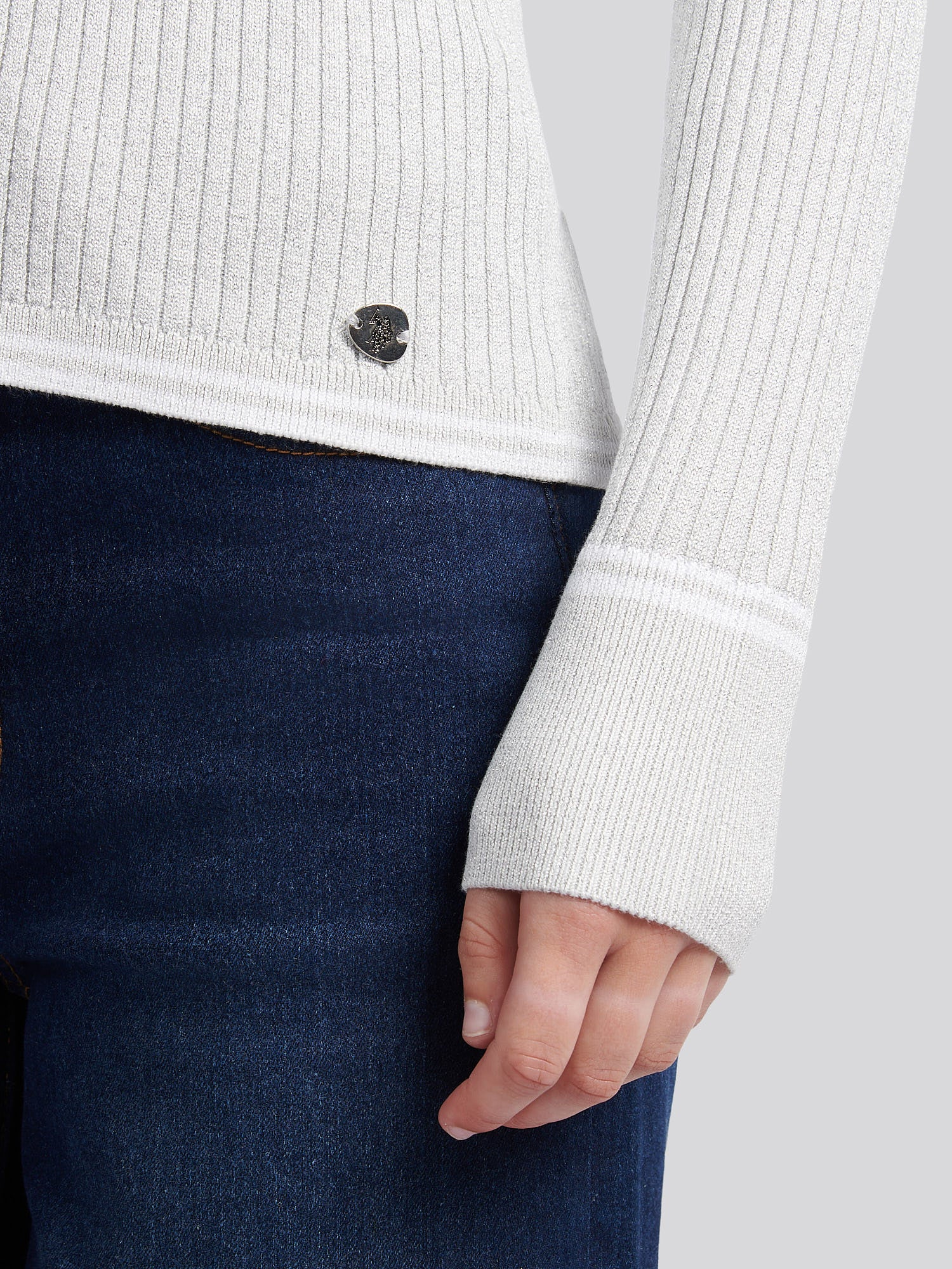 Womens Lurex® Rib Polo Knit in Pearl Grey Marl - Image 5