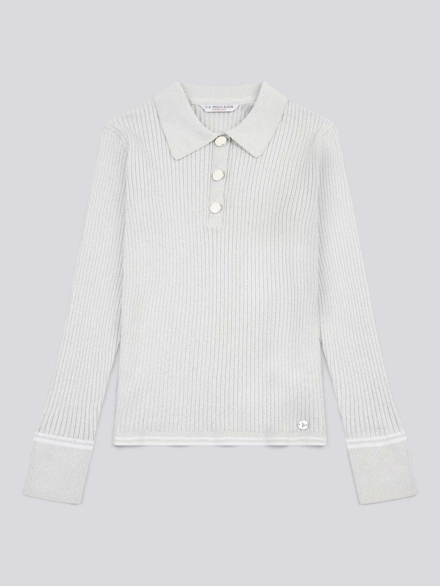 Womens Lurex® Rib Polo Knit in Pearl Grey Marl - Image 6