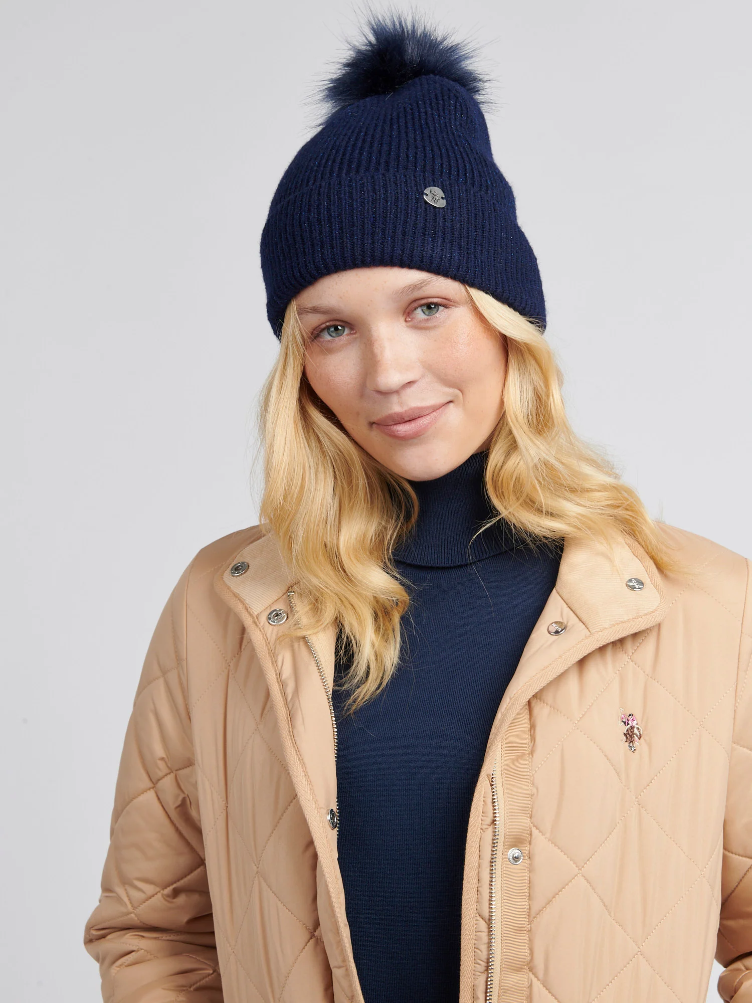 Womens Lurex Fur Bobble Beanie in Navy Iris