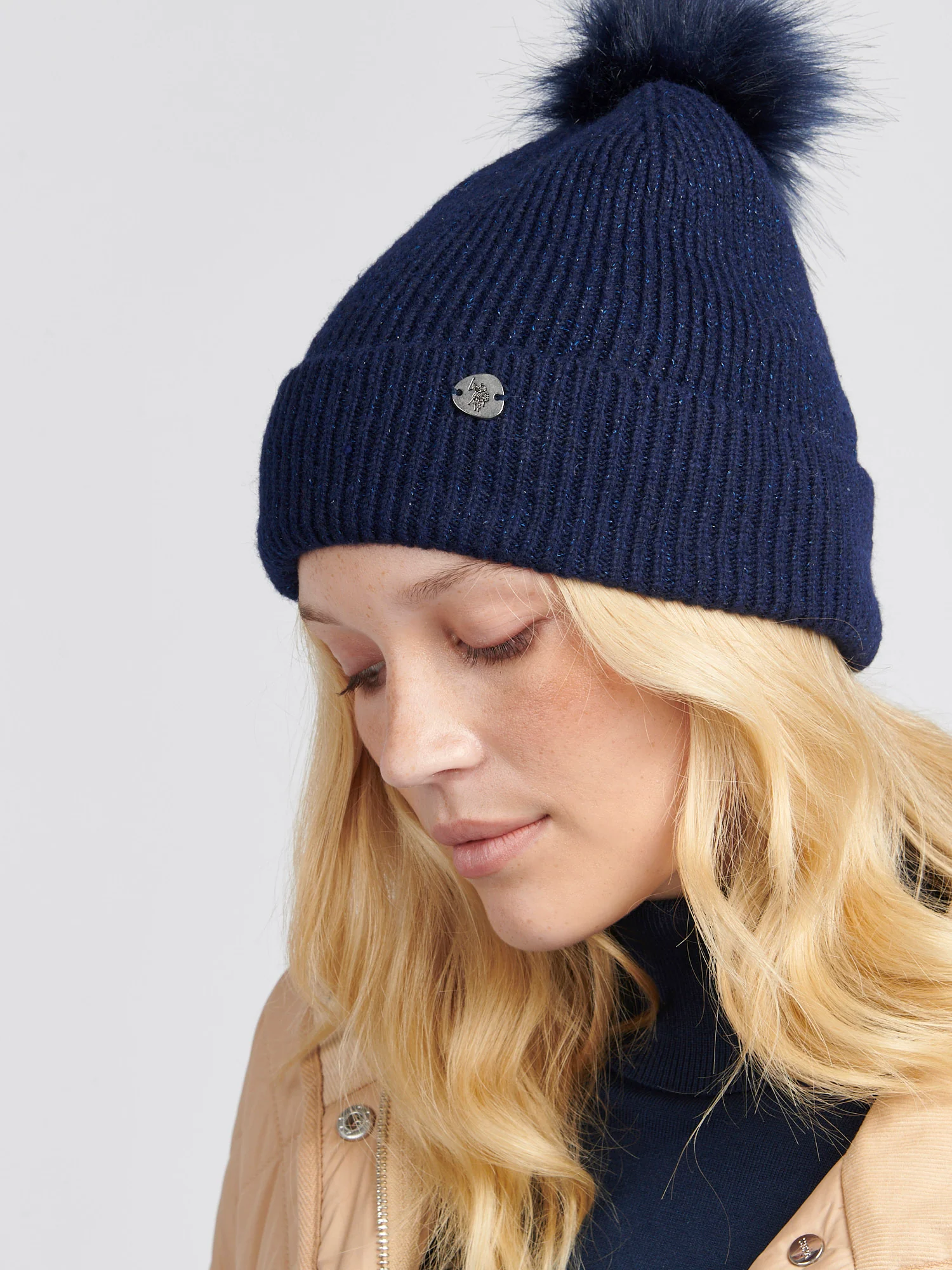 Womens Lurex Fur Bobble Beanie in Navy Iris - Image 2