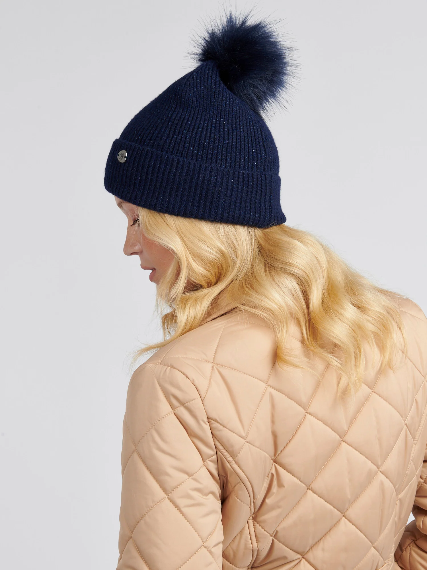 Womens Lurex Fur Bobble Beanie in Navy Iris - Image 3