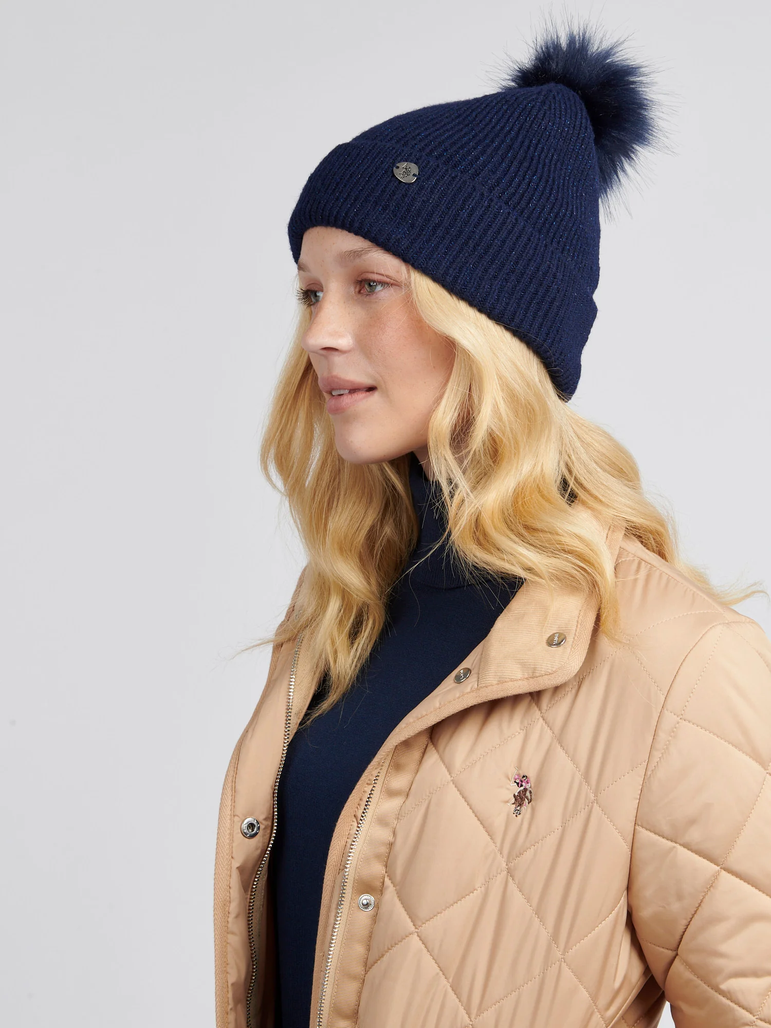 Womens Lurex Fur Bobble Beanie in Navy Iris - Image 4