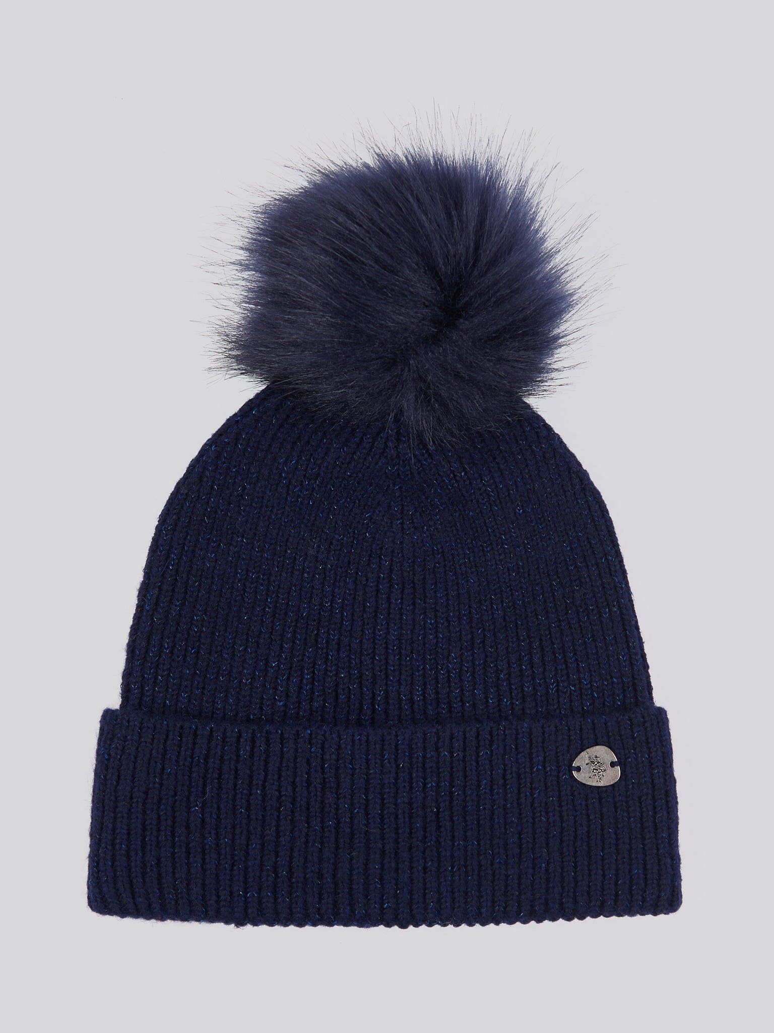 Womens Lurex Fur Bobble Beanie in Navy Iris - Image 5