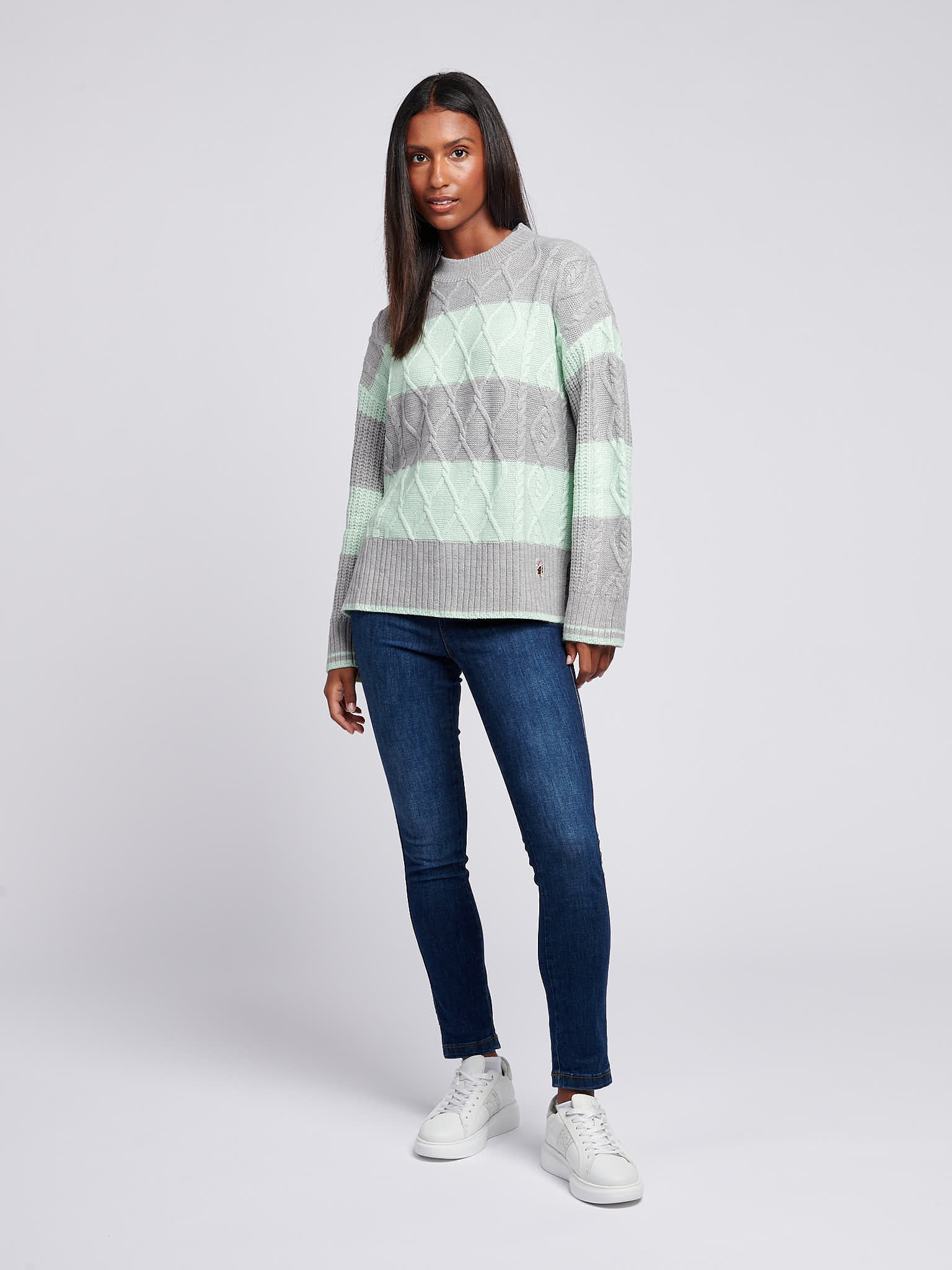 Womens Mixed Cable Stripe Jumper in Surf Spray - Image 3
