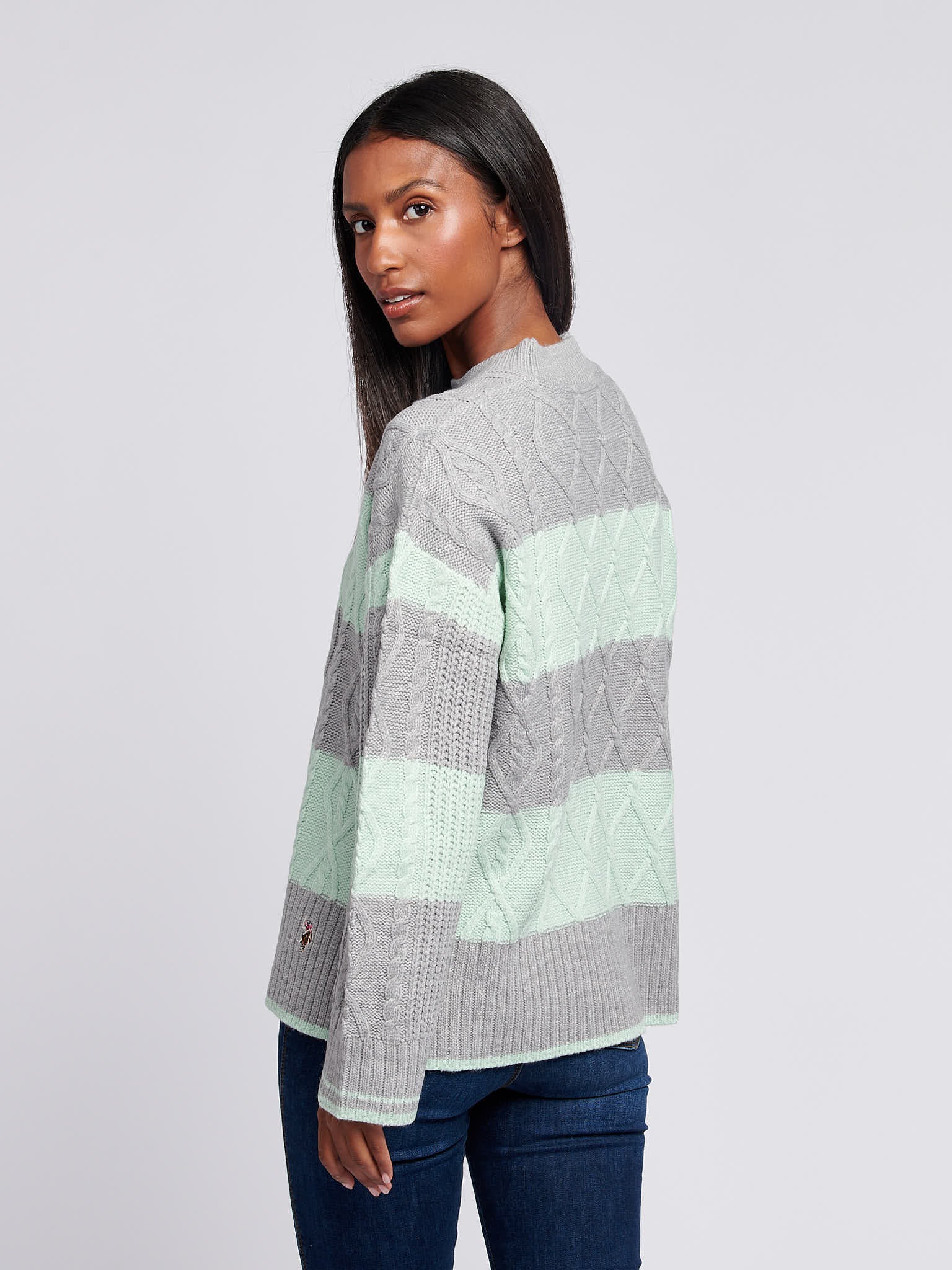 Womens Mixed Cable Stripe Jumper in Surf Spray - Image 4