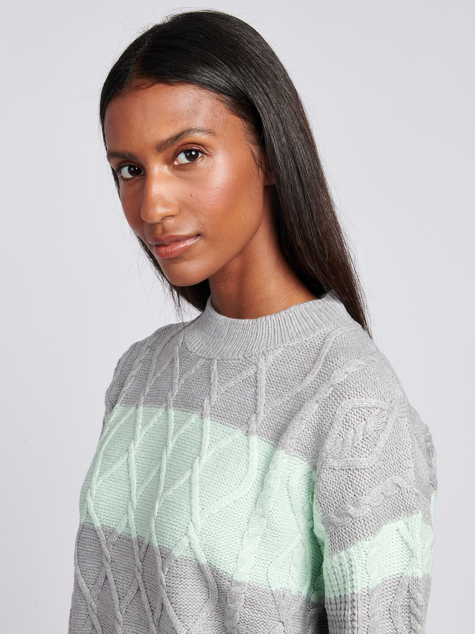 Womens Mixed Cable Stripe Jumper in Surf Spray - Image 5