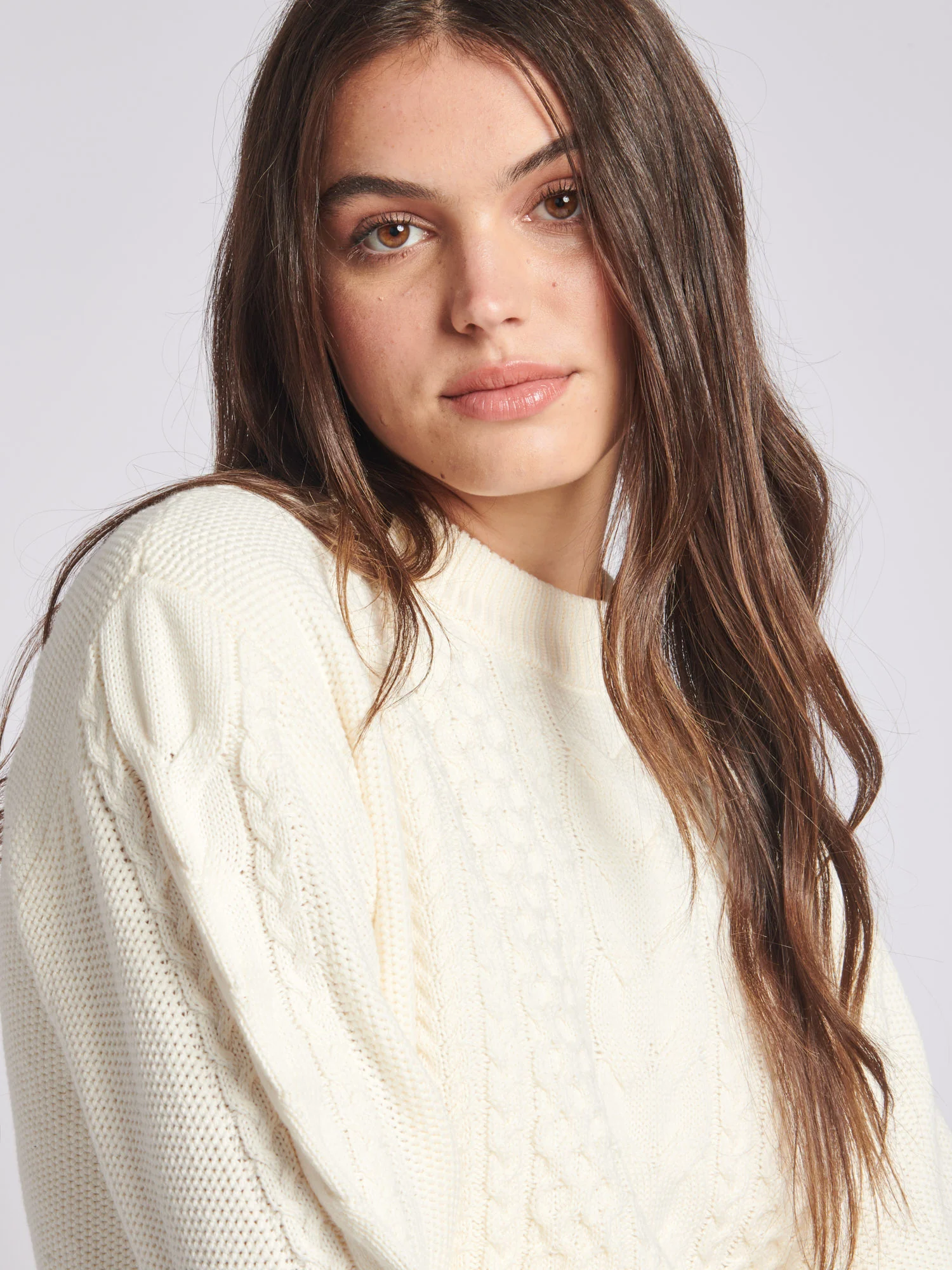 Womens Multi Cable Knit Jumper in Egret - Image 2