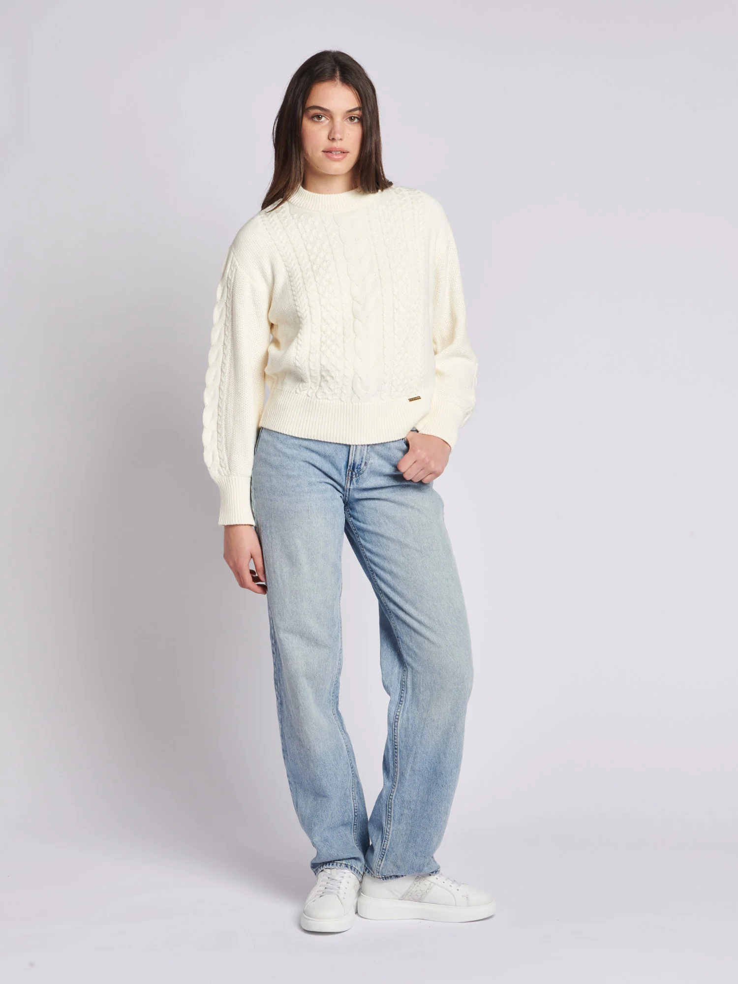 Womens Multi Cable Knit Jumper in Egret - Image 3