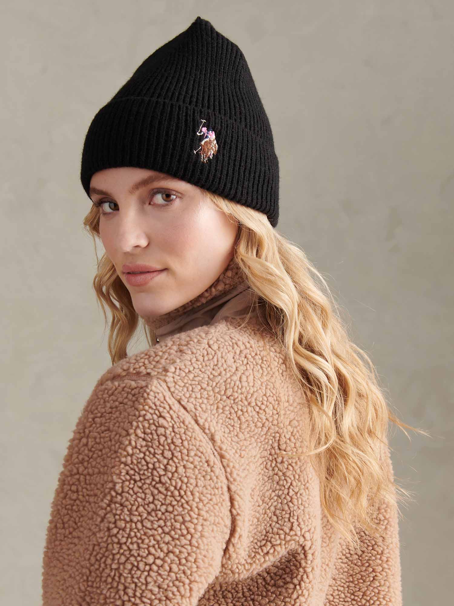 Womens Multicolour Double Horsemen Knit Beanie in Black - Image 3