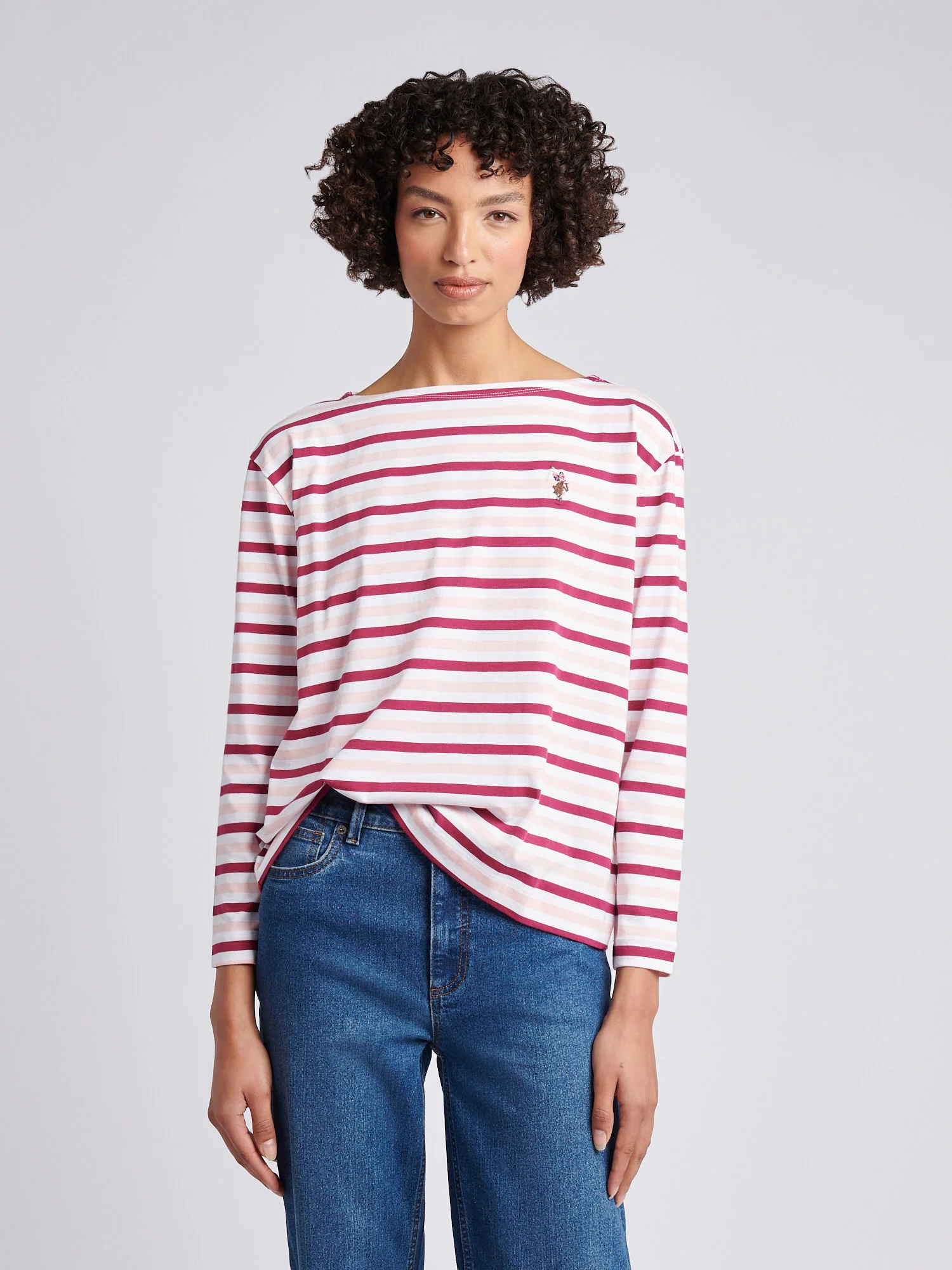 Womens Multicolour Stripe Long Sleeve Boatneck T-Shirt in Bright White