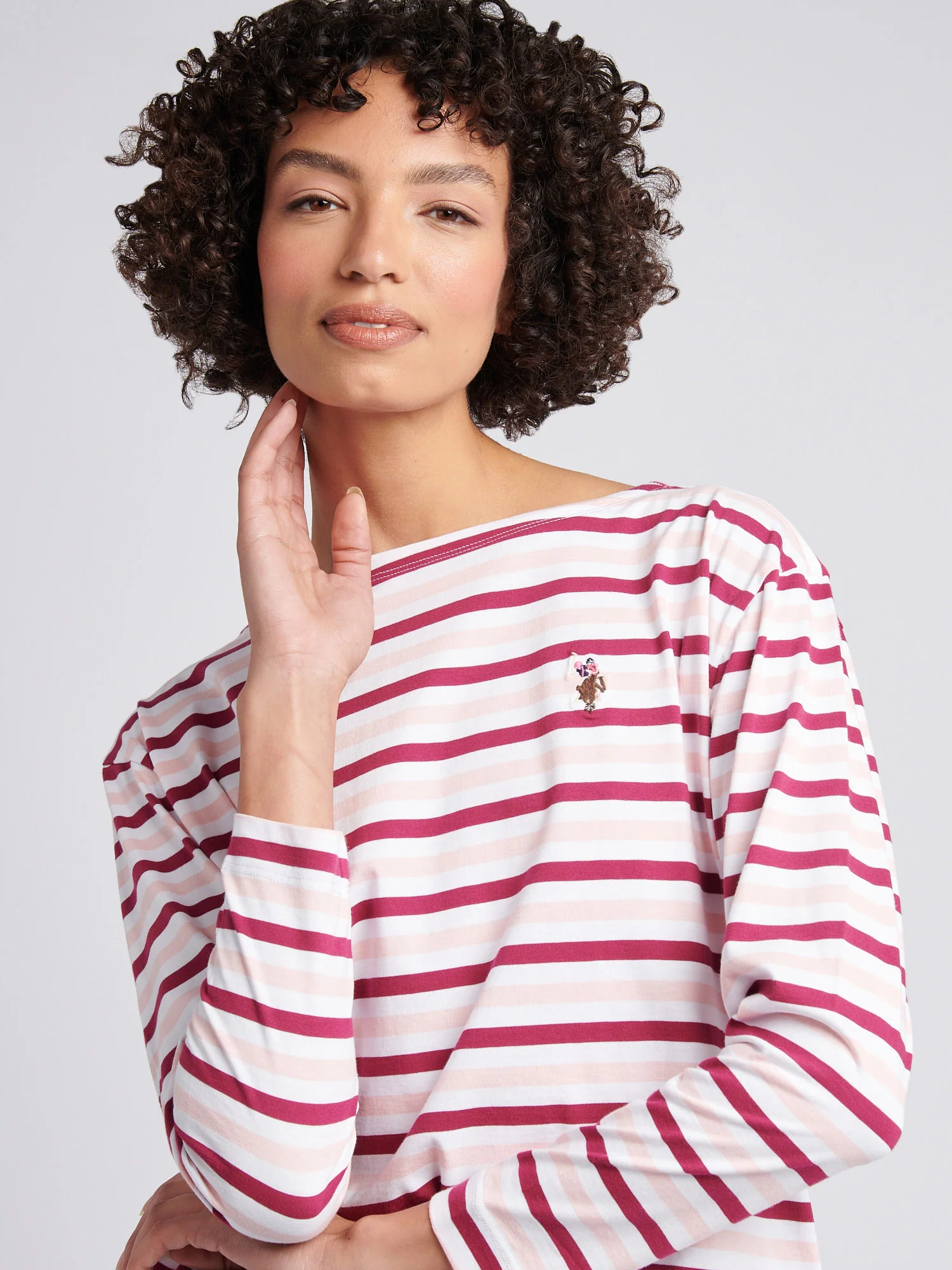Womens Multicolour Stripe Long Sleeve Boatneck T-Shirt in Bright White - Image 2