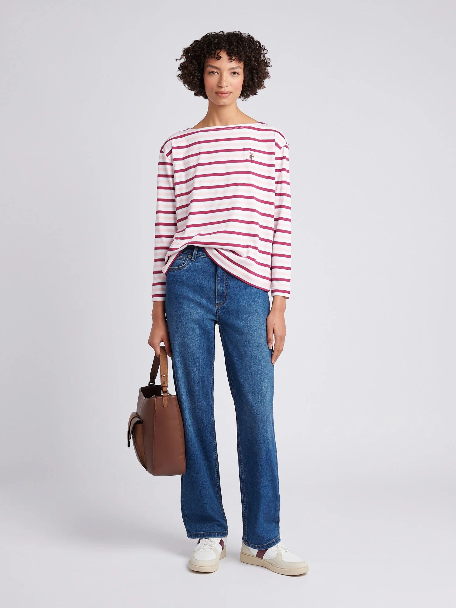 Womens Multicolour Stripe Long Sleeve Boatneck T-Shirt in Bright White - Image 3