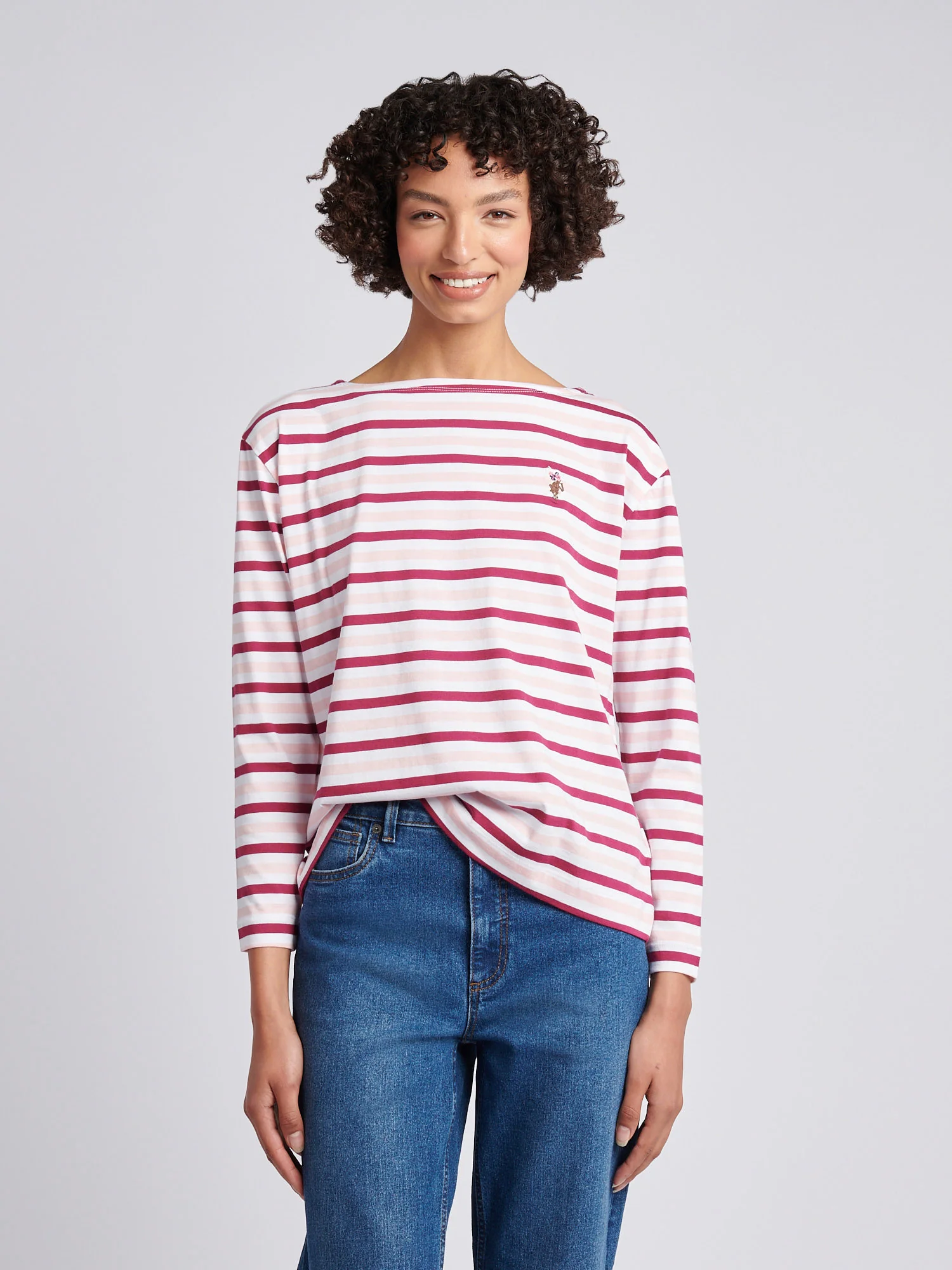 Womens Multicolour Stripe Long Sleeve Boatneck T-Shirt in Bright White - Image 5