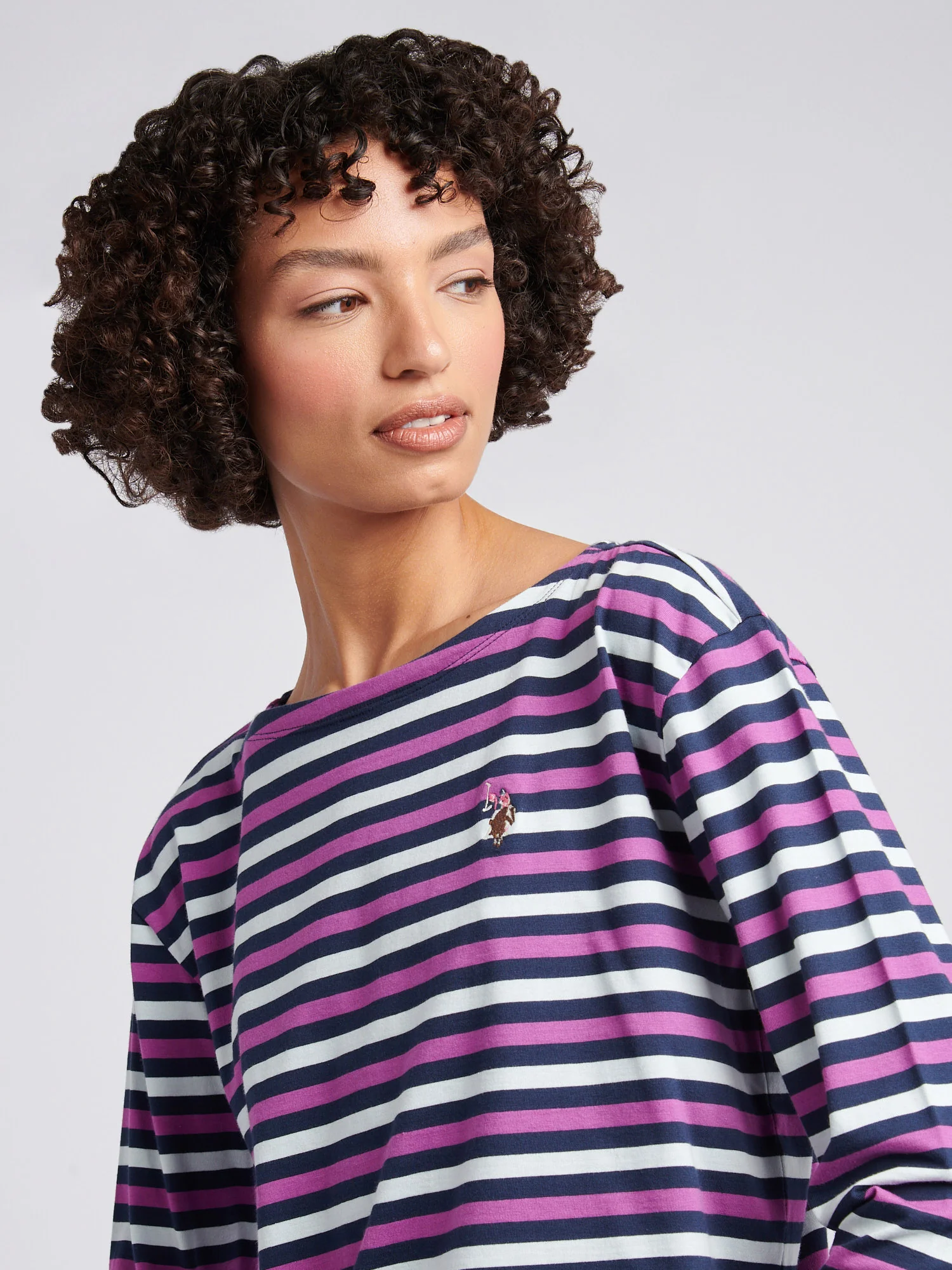 Womens Multicolour Stripe Long Sleeve Boatneck T-Shirt in Navy Iris - Image 2