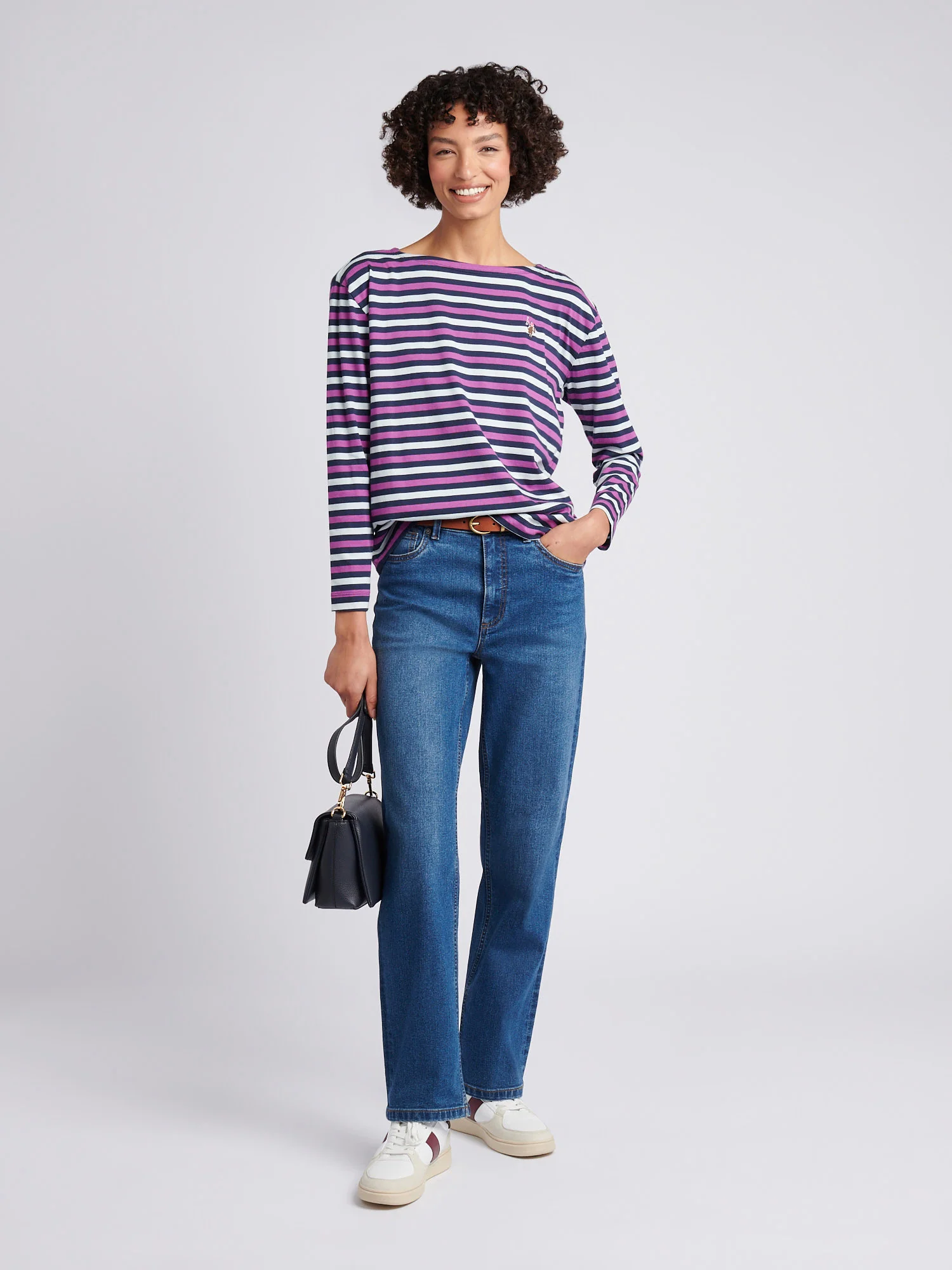 Womens Multicolour Stripe Long Sleeve Boatneck T-Shirt in Navy Iris - Image 3