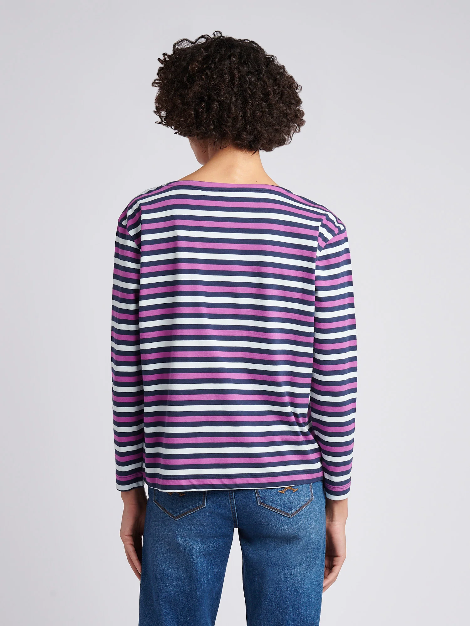 Womens Multicolour Stripe Long Sleeve Boatneck T-Shirt in Navy Iris - Image 4