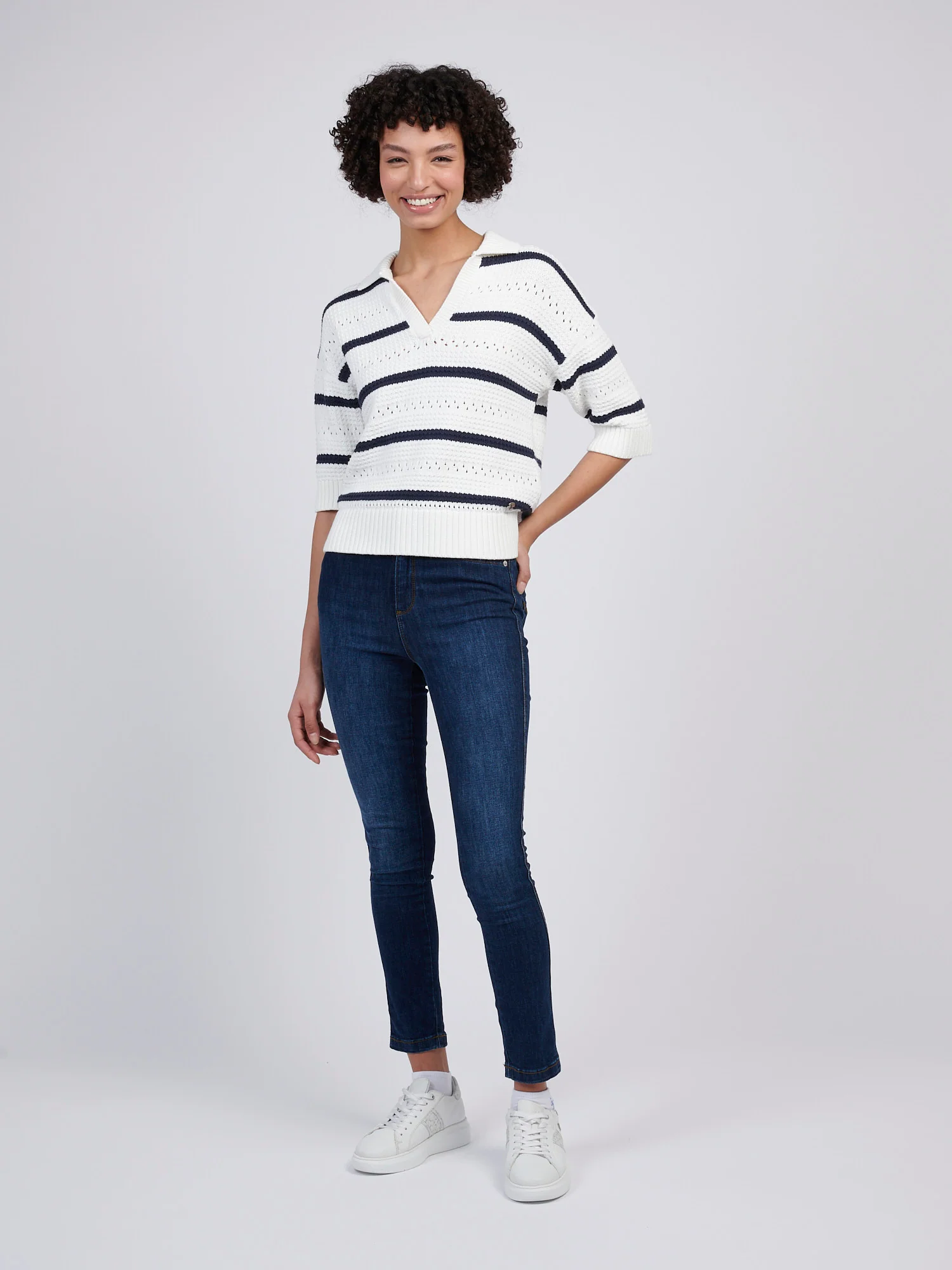 Womens Open Colour Stripe Pointelle Jumper in Navy Iris - Image 3