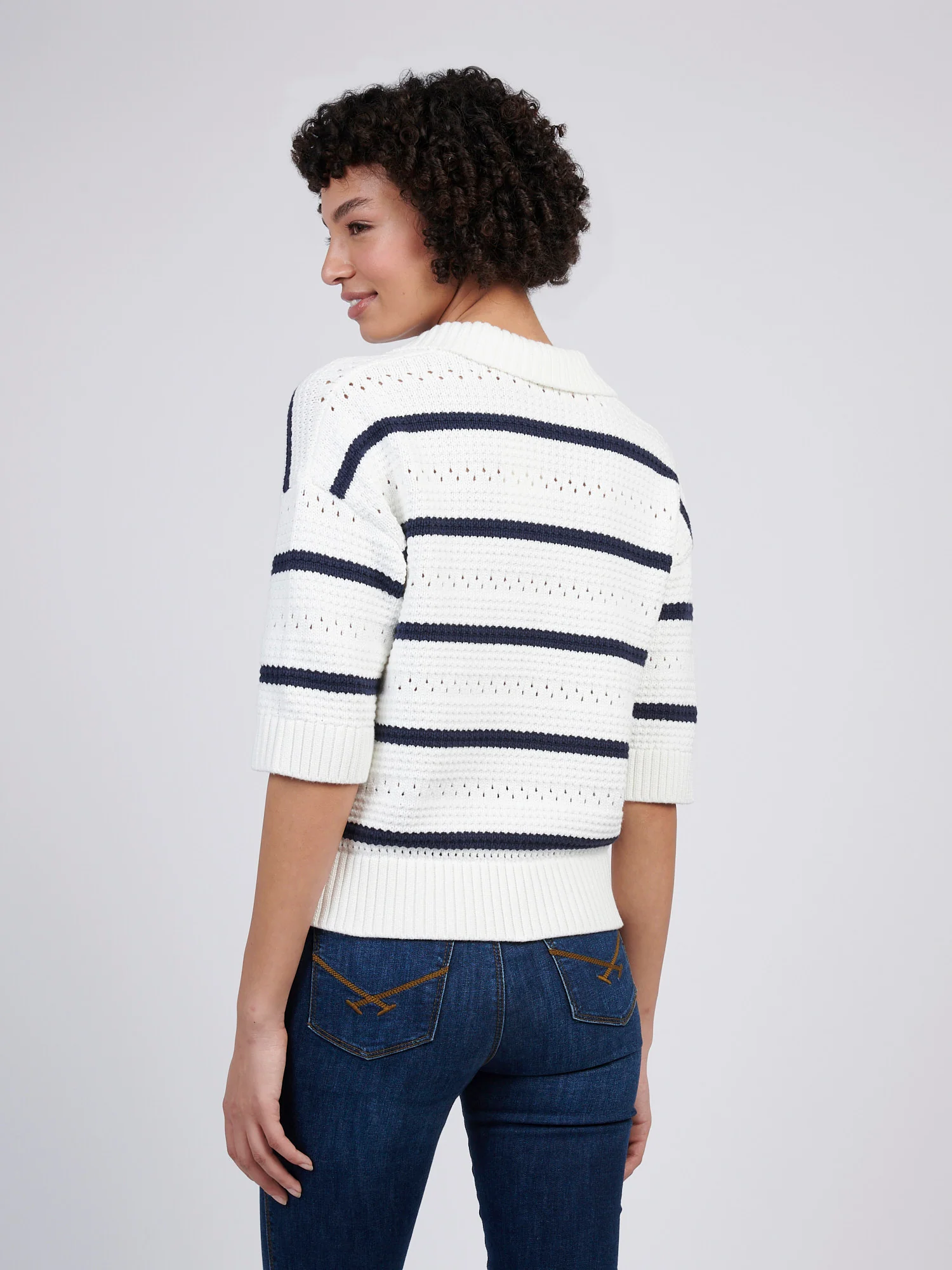 Womens Open Colour Stripe Pointelle Jumper in Navy Iris - Image 4