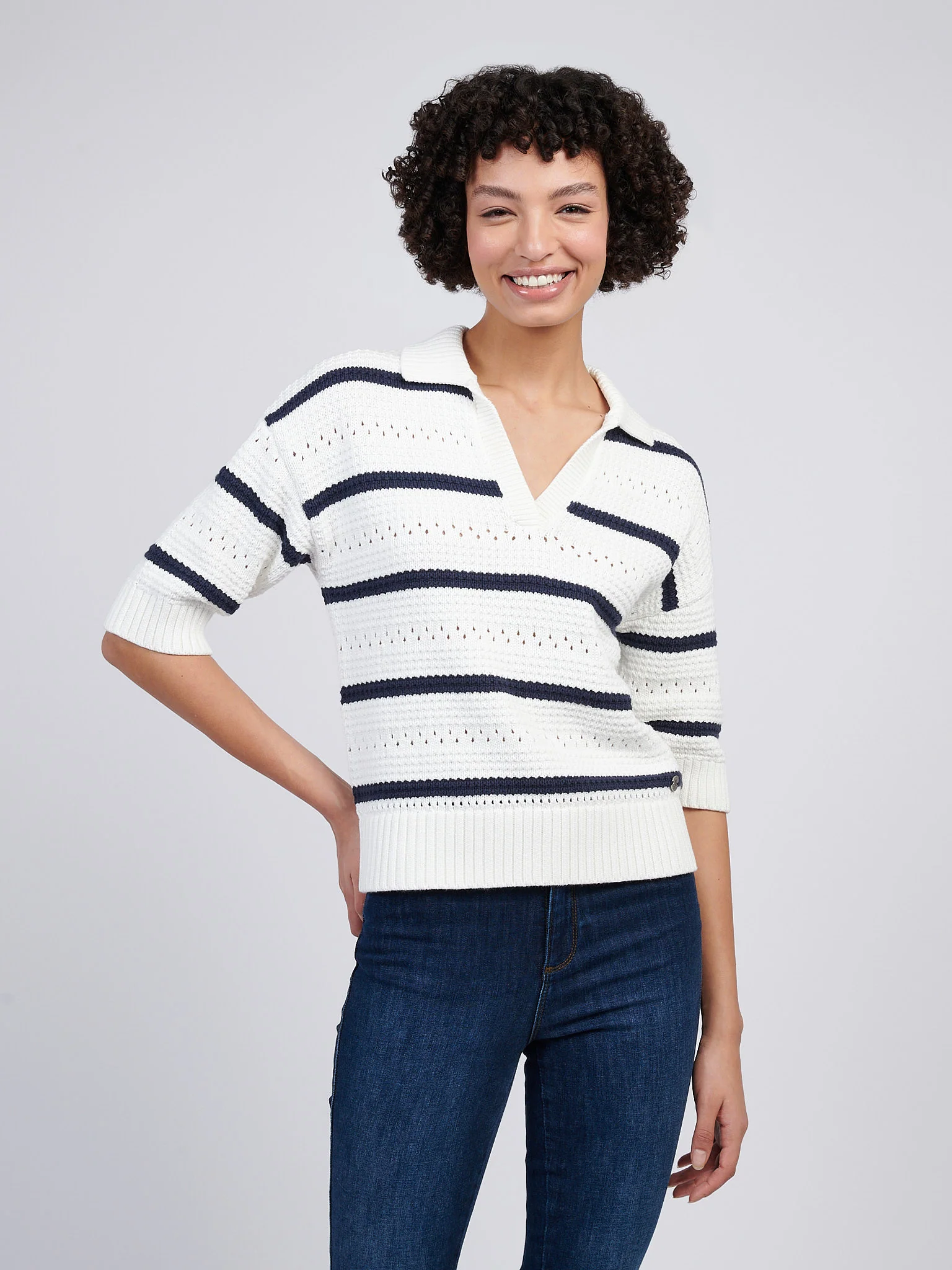 Womens Open Colour Stripe Pointelle Jumper in Navy Iris - Image 5