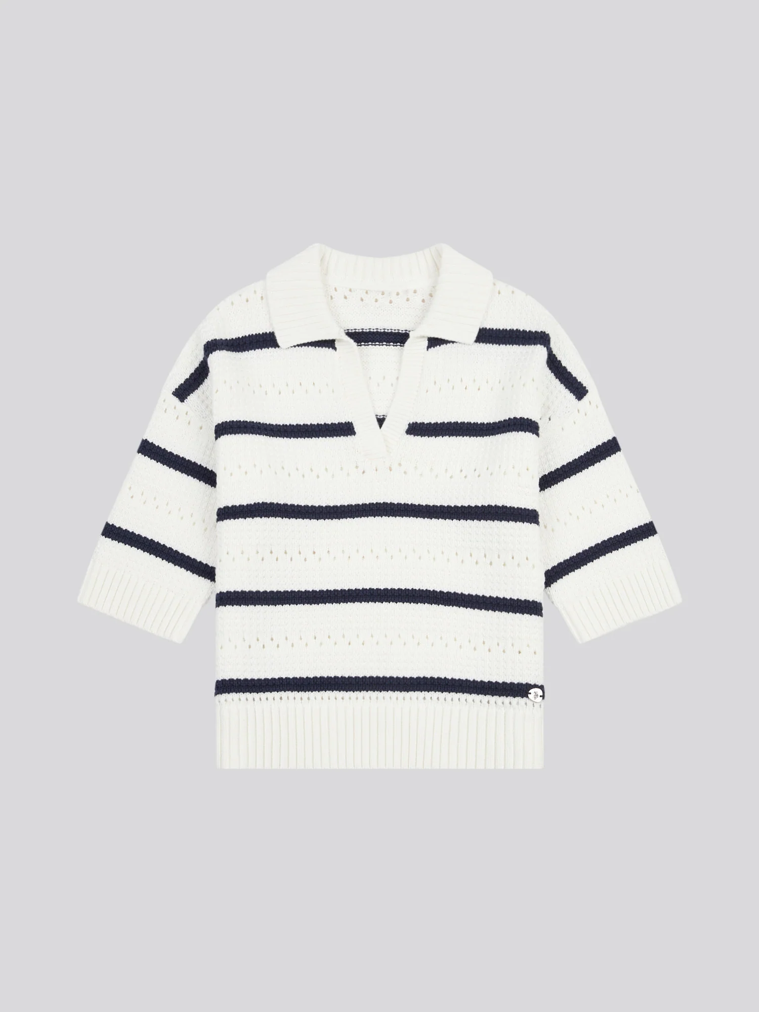 Womens Open Colour Stripe Pointelle Jumper in Navy Iris - Image 6