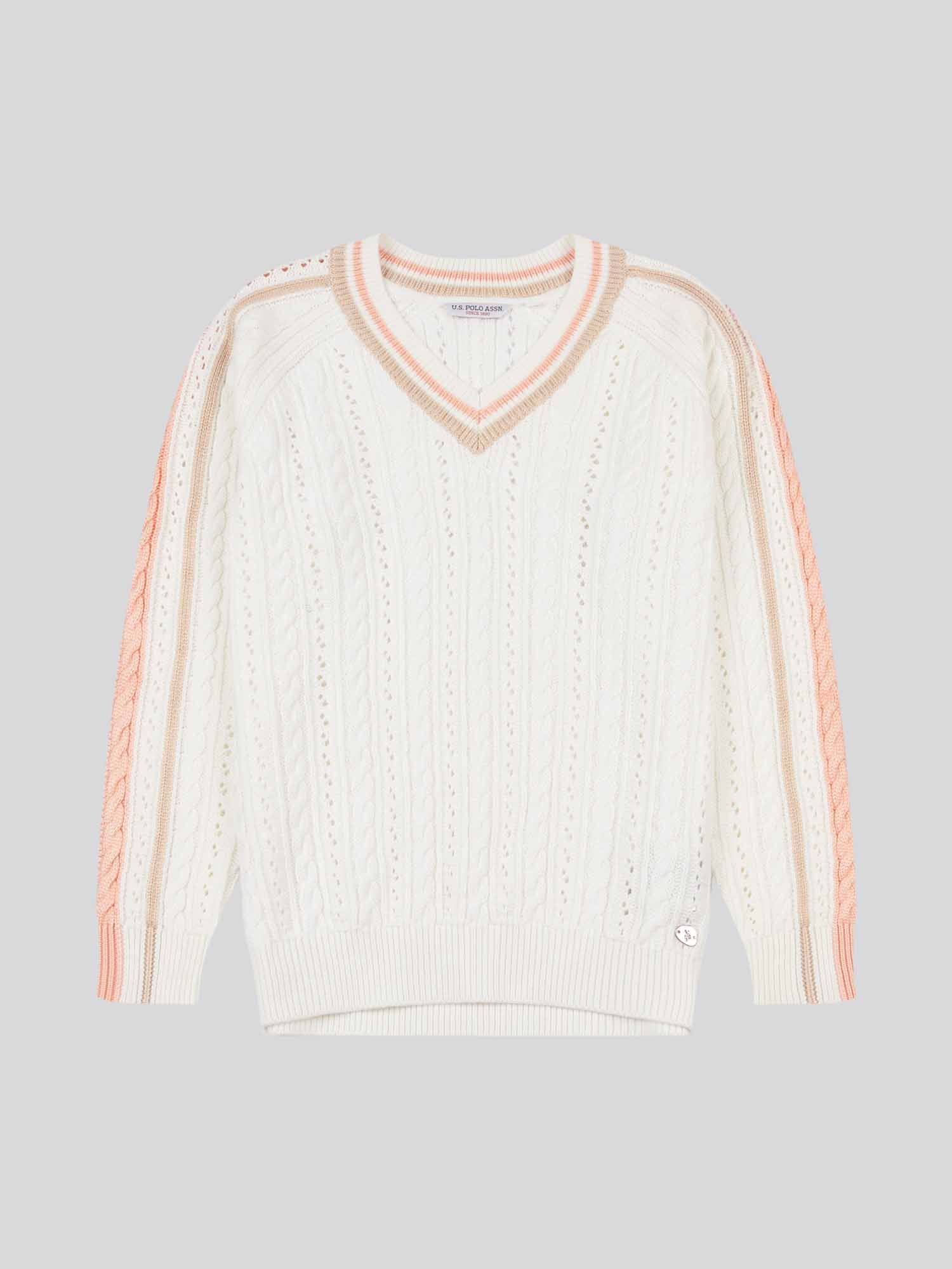 Womens Open Knit Cable Cricket Jumper in Marshmallow - Image 5