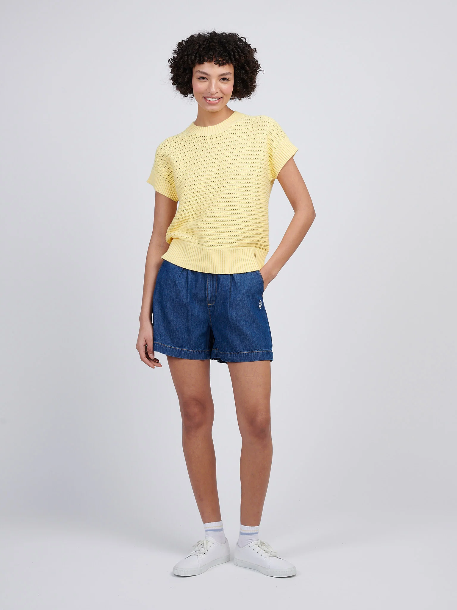 Womens Open Knit Short Sleeve Jumper in Mellow Yellow - Image 3
