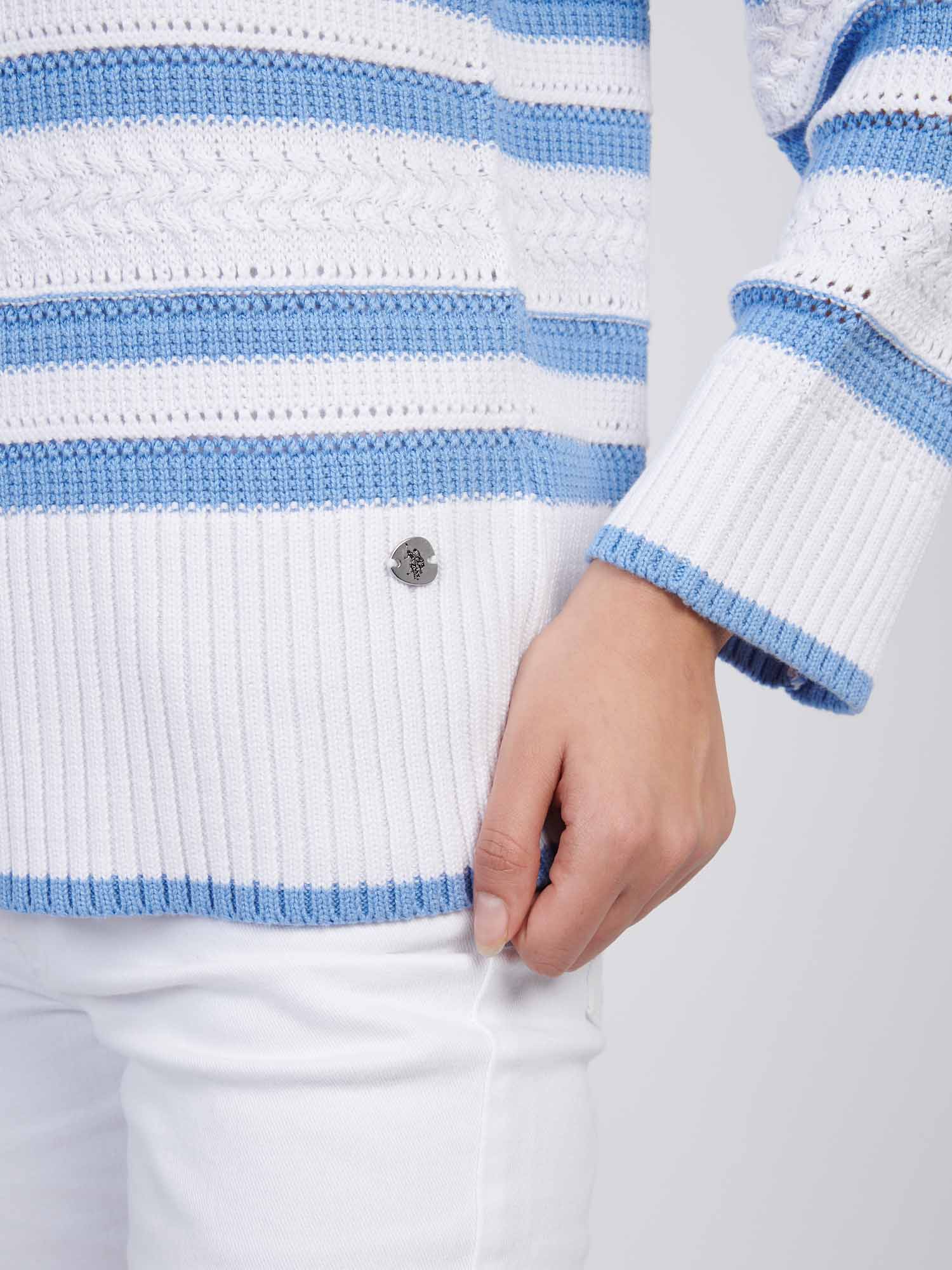 Womens Pointelle Stripe 1/4 Zip Jumper in Vista Blue - Image 2