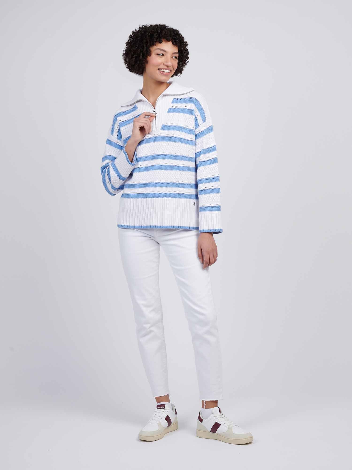Womens Pointelle Stripe 1/4 Zip Jumper in Vista Blue - Image 3