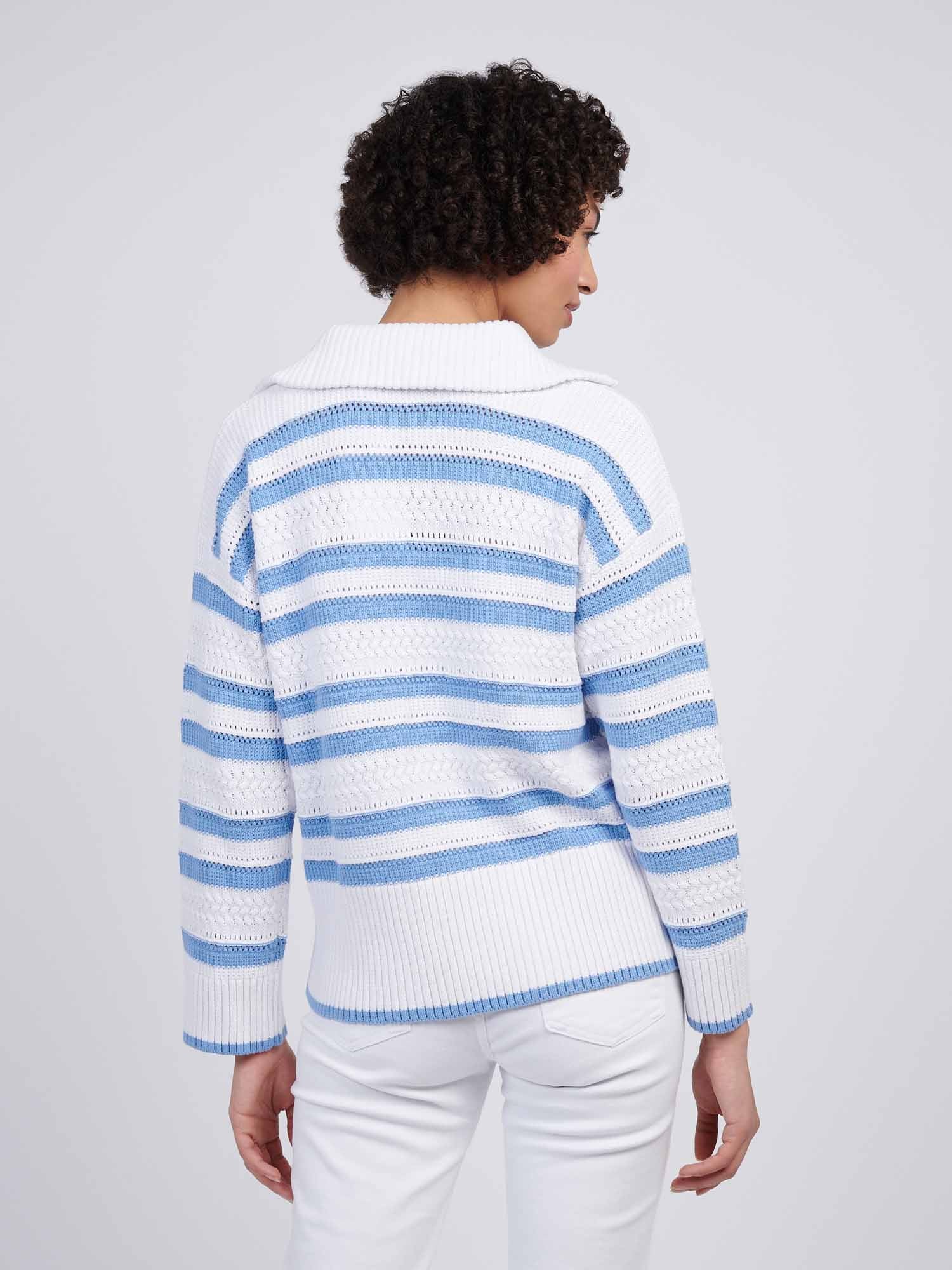 Womens Pointelle Stripe 1/4 Zip Jumper in Vista Blue - Image 4