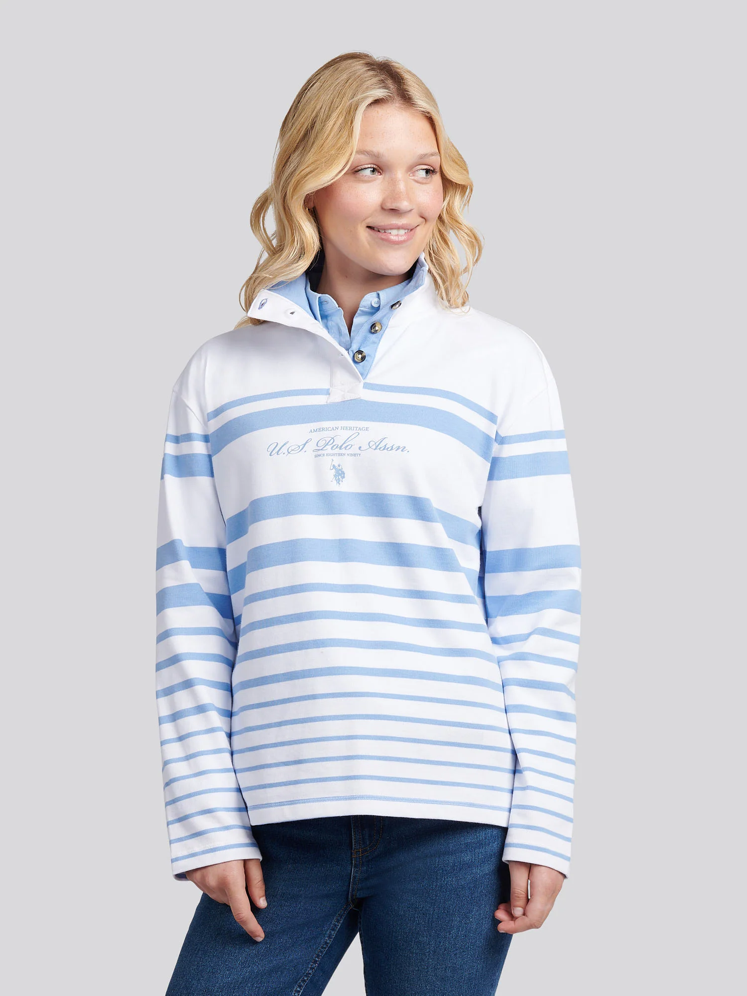 Womens Premium Graphic Stripe Funnel Neck Top in Vista Blue - Image 5