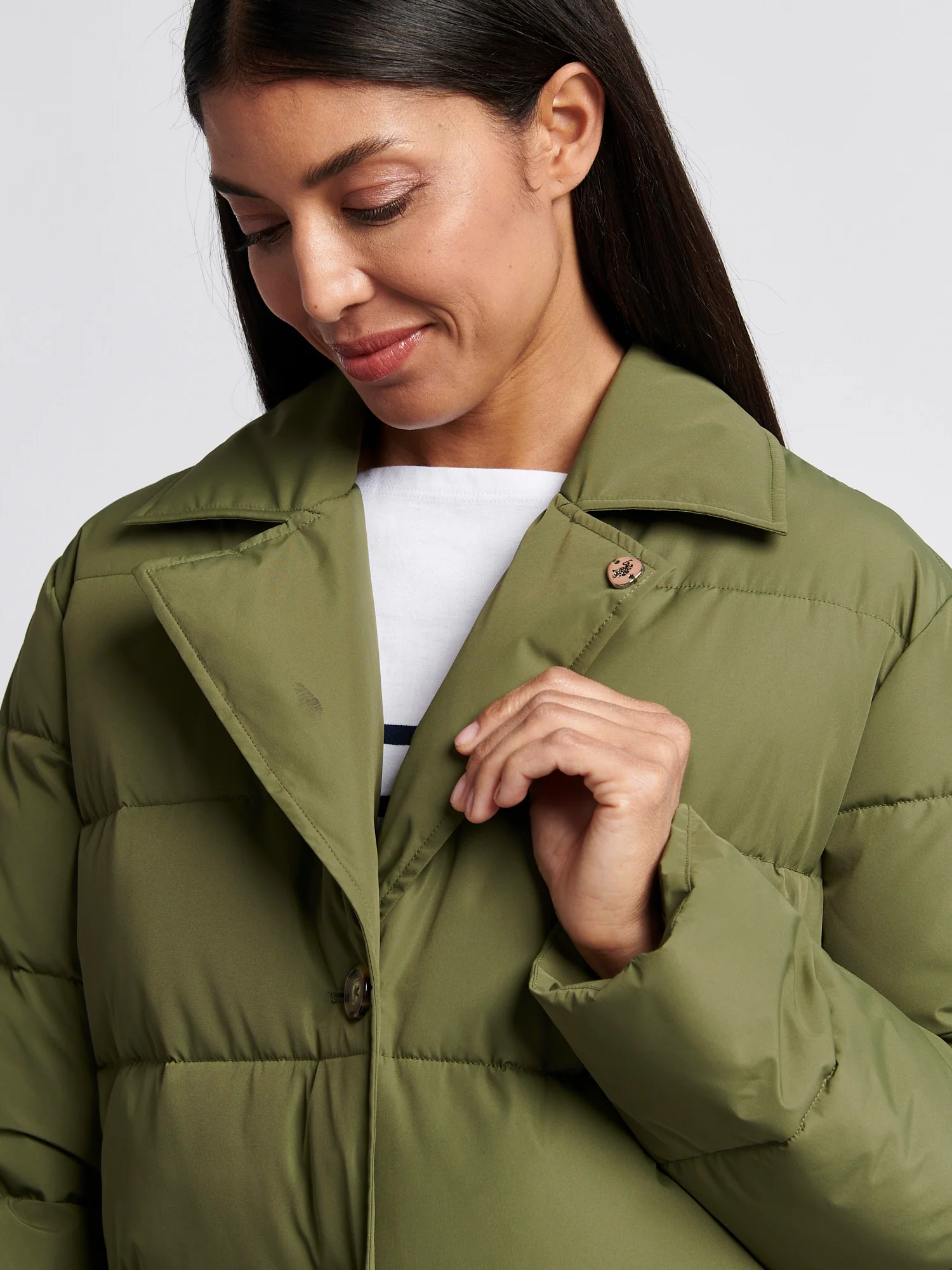 Womens Puffer Trench Coat in Kalamata Green - Image 2